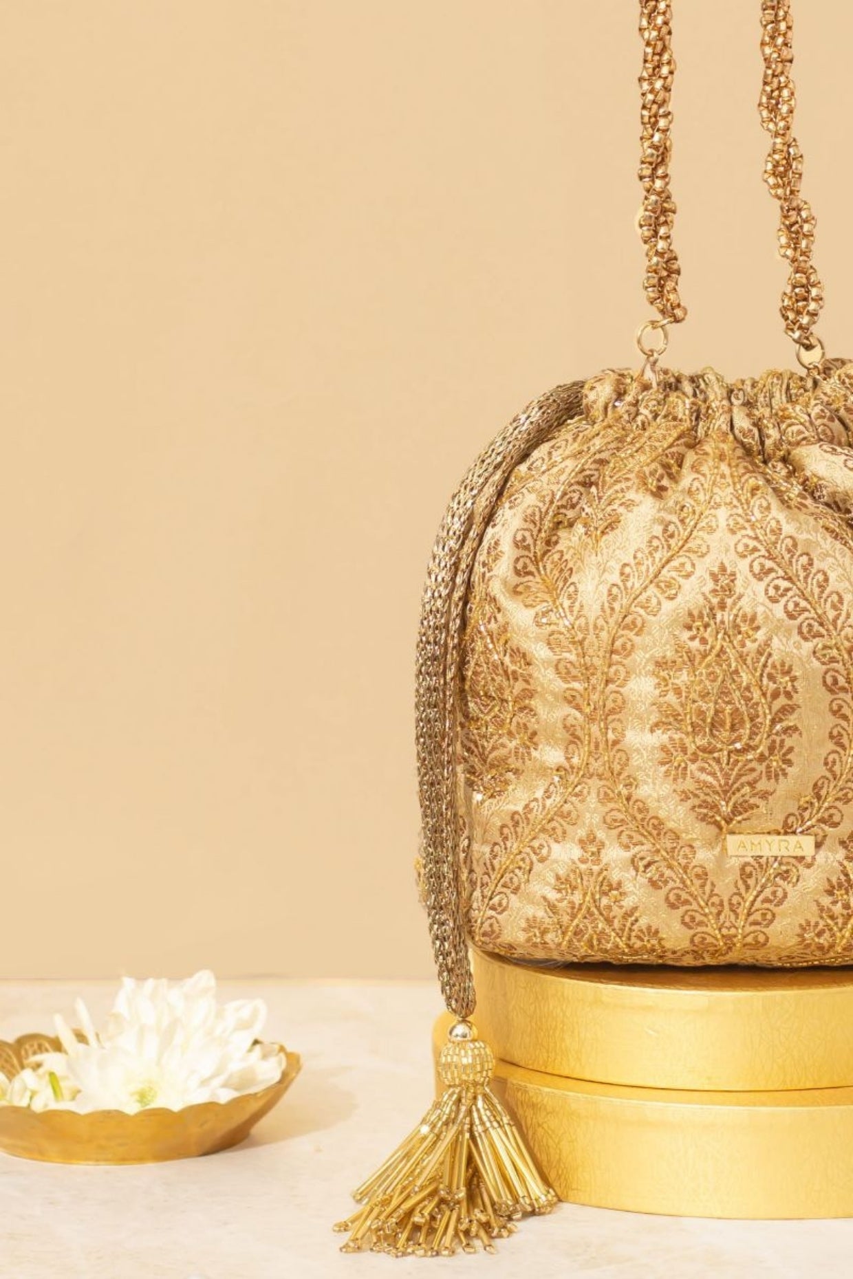 Viha Embroidered Brocade Bucket Bag - Gold