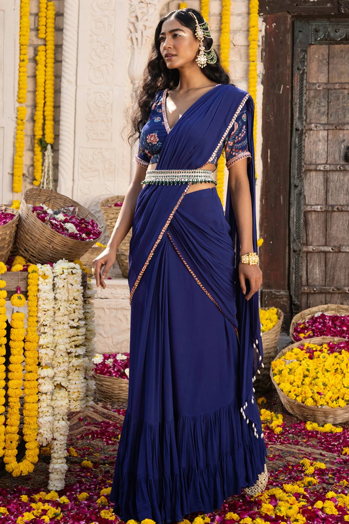 ROYAL BLUE PRE - DRAPED SAREE SET