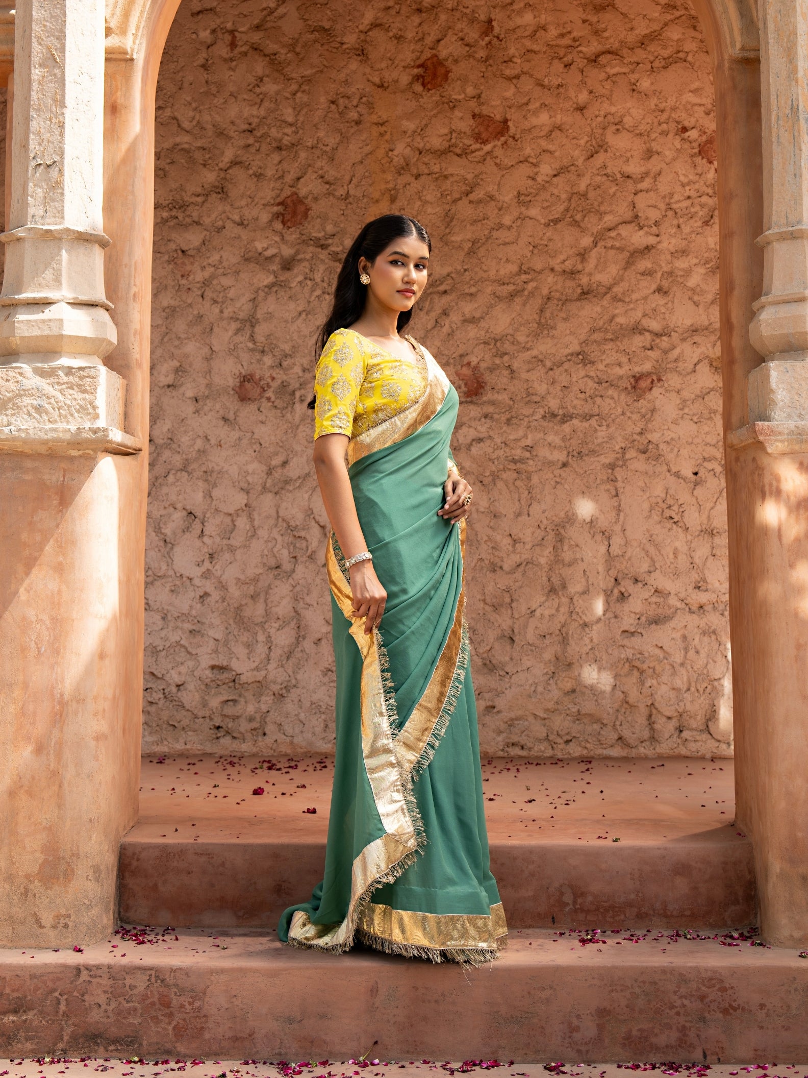 Sage Green Pure Georgette Handloom Gota Patti Saree