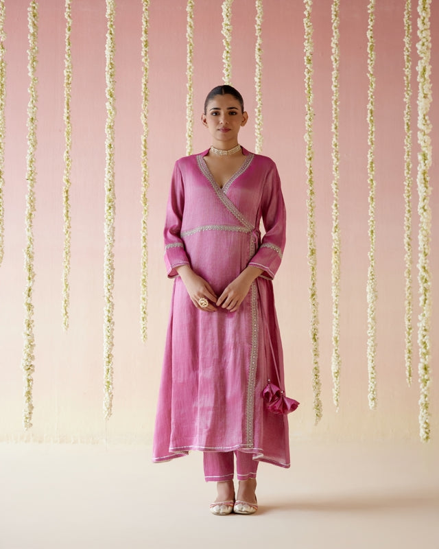 Fuschia Pink Tissue Angarakha with
Narrow Pants & Dupatta - Set of 3