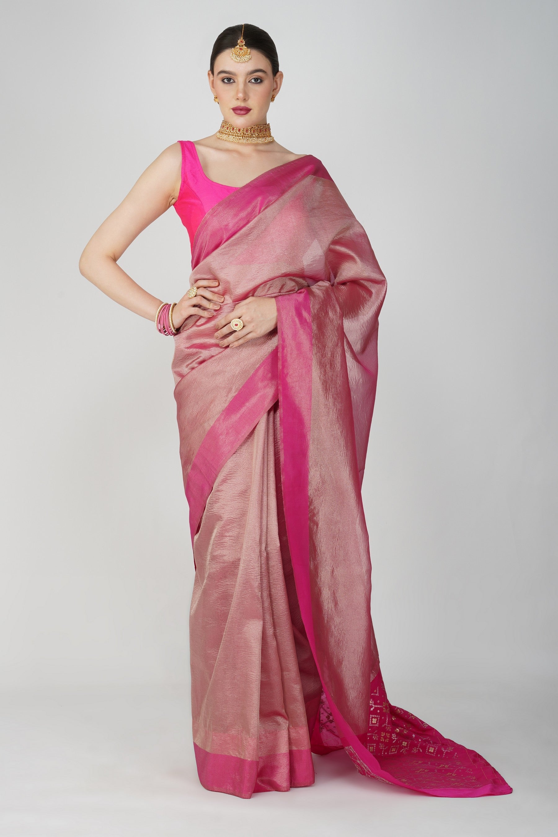Hot Pink Pure Crushed tissue Silk Banarasi Handloom Saree