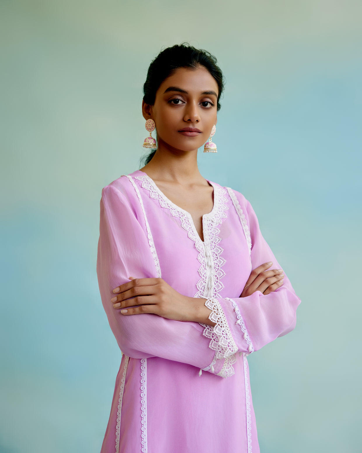 Lilac Glory Organza Anarkali Kurta with Lace Detailing