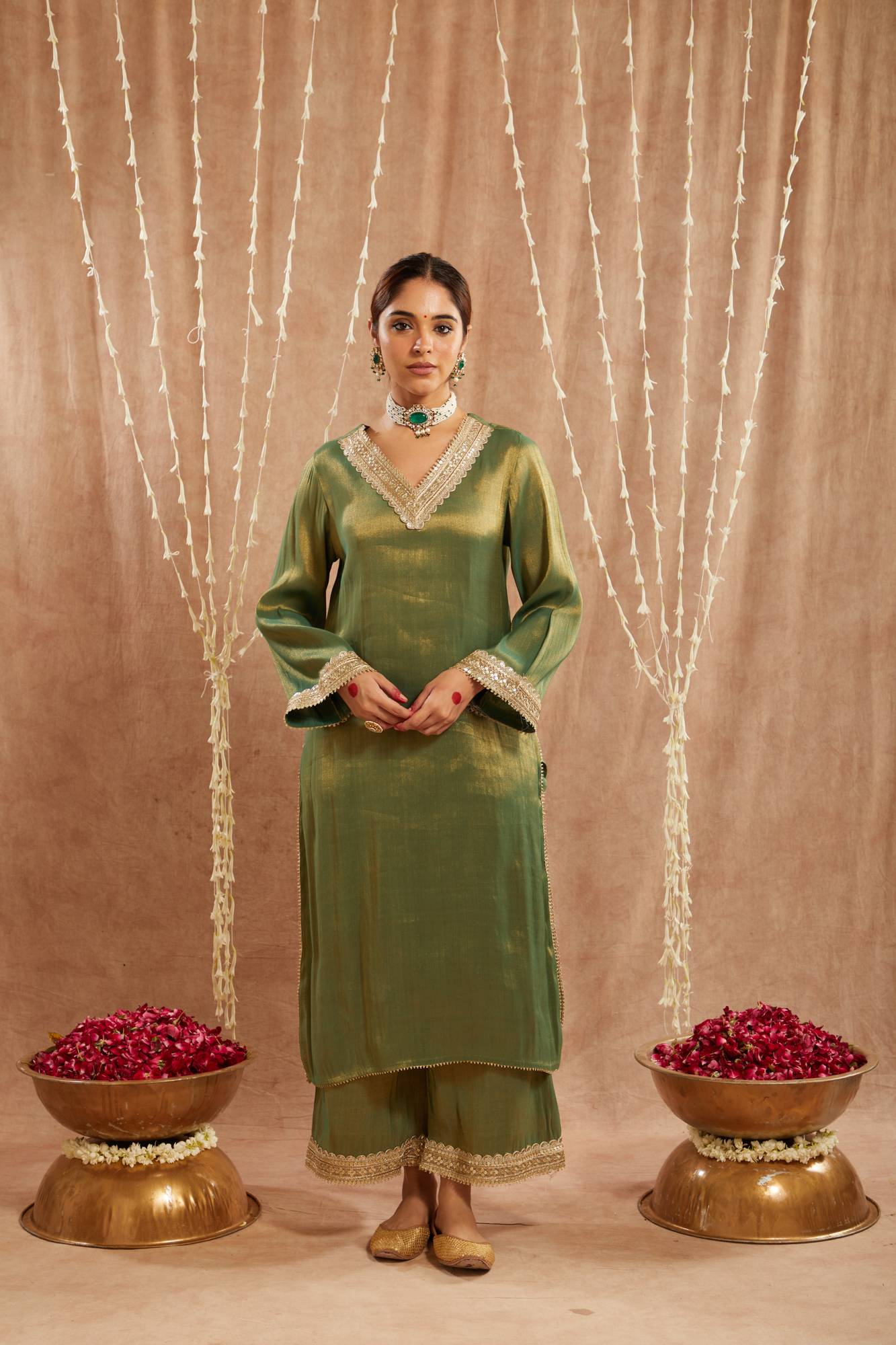 Green Sequins Gota Tissue Kurta with
Wide Leg Pants