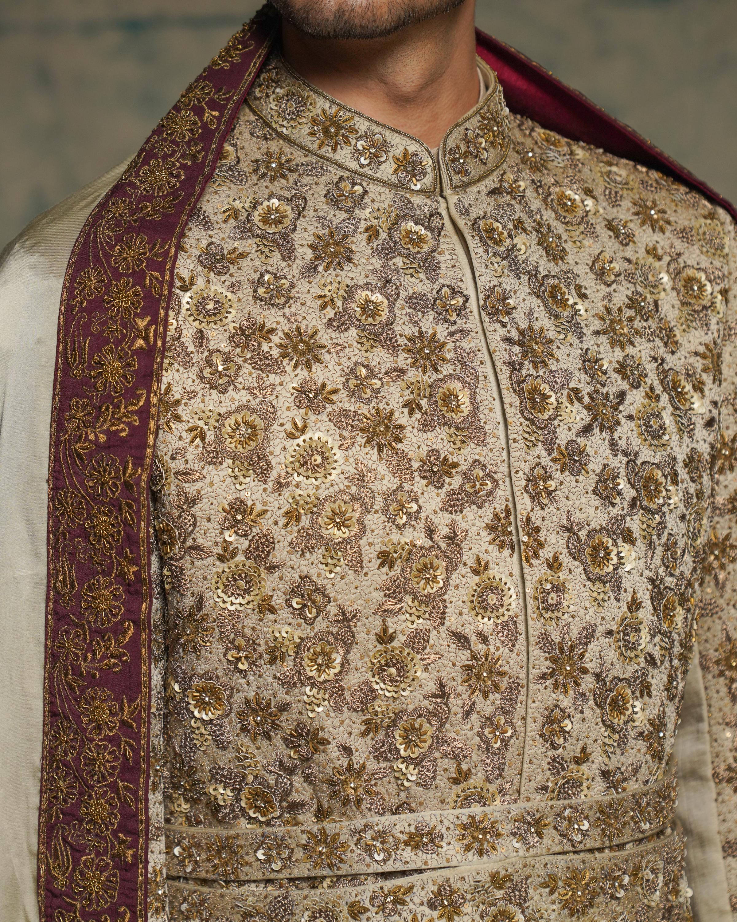 Sand Grey Linen Silk Embriodered Sherwani Set