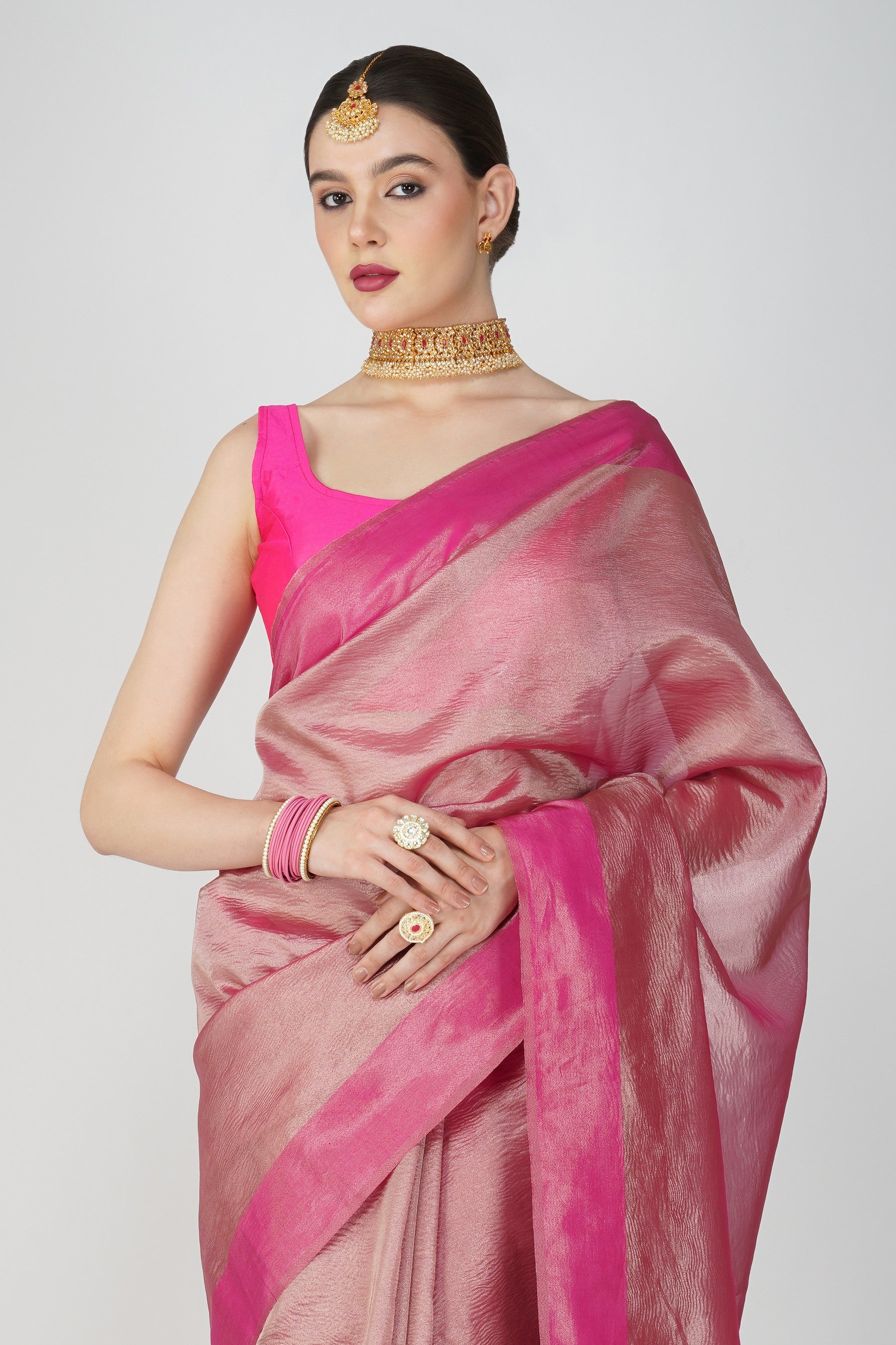 Hot Pink Pure Crushed tissue Silk Banarasi Handloom Saree