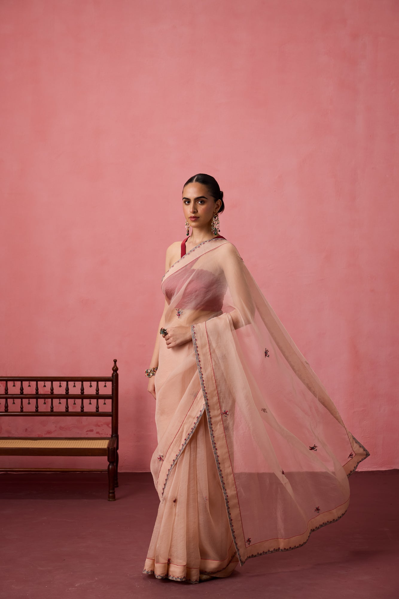Cozy Peach organza buti embroidered saree comes with unstitched & unembroidered blouse fabric in chanderi