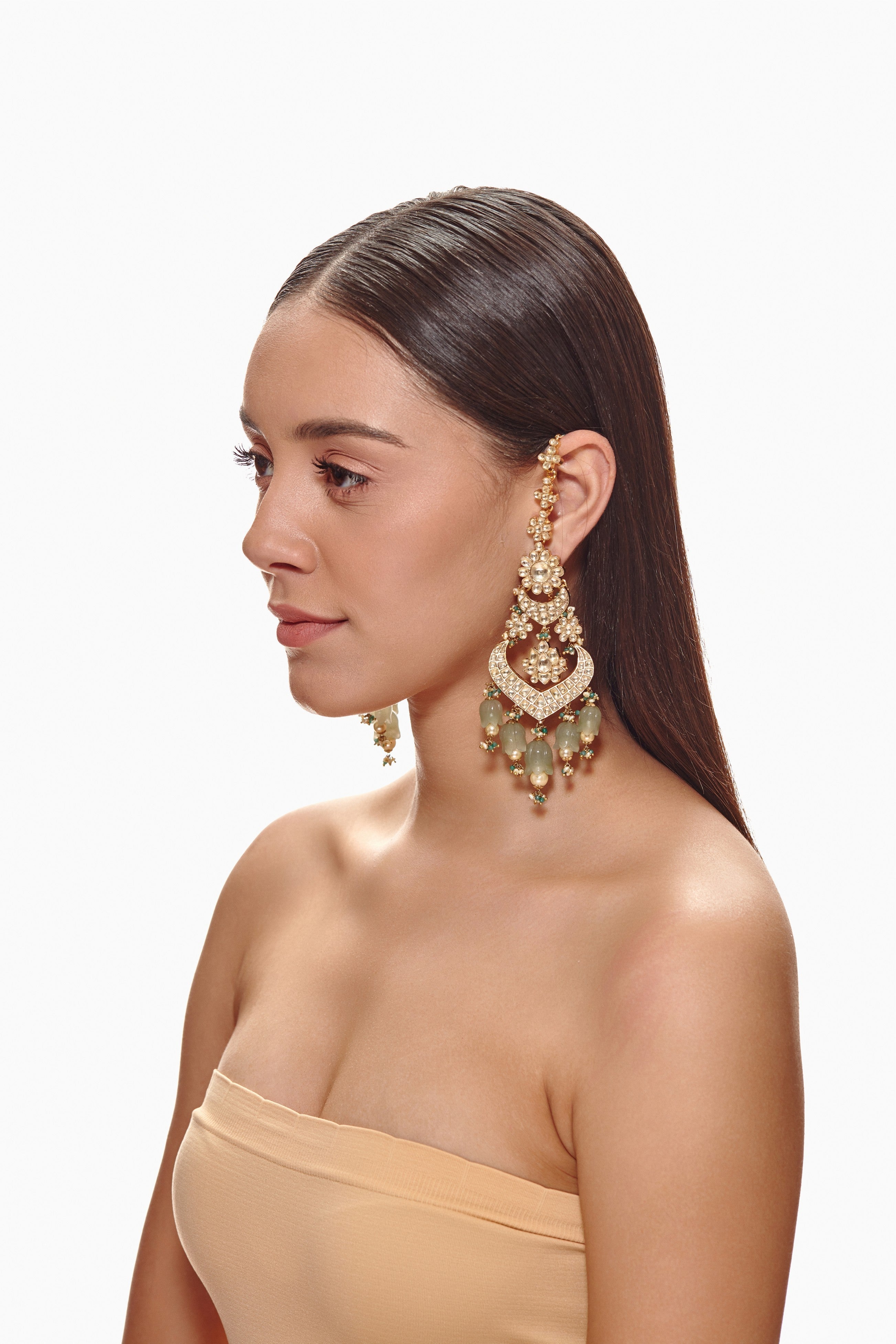 Kundan and green carved tulip chaandbali