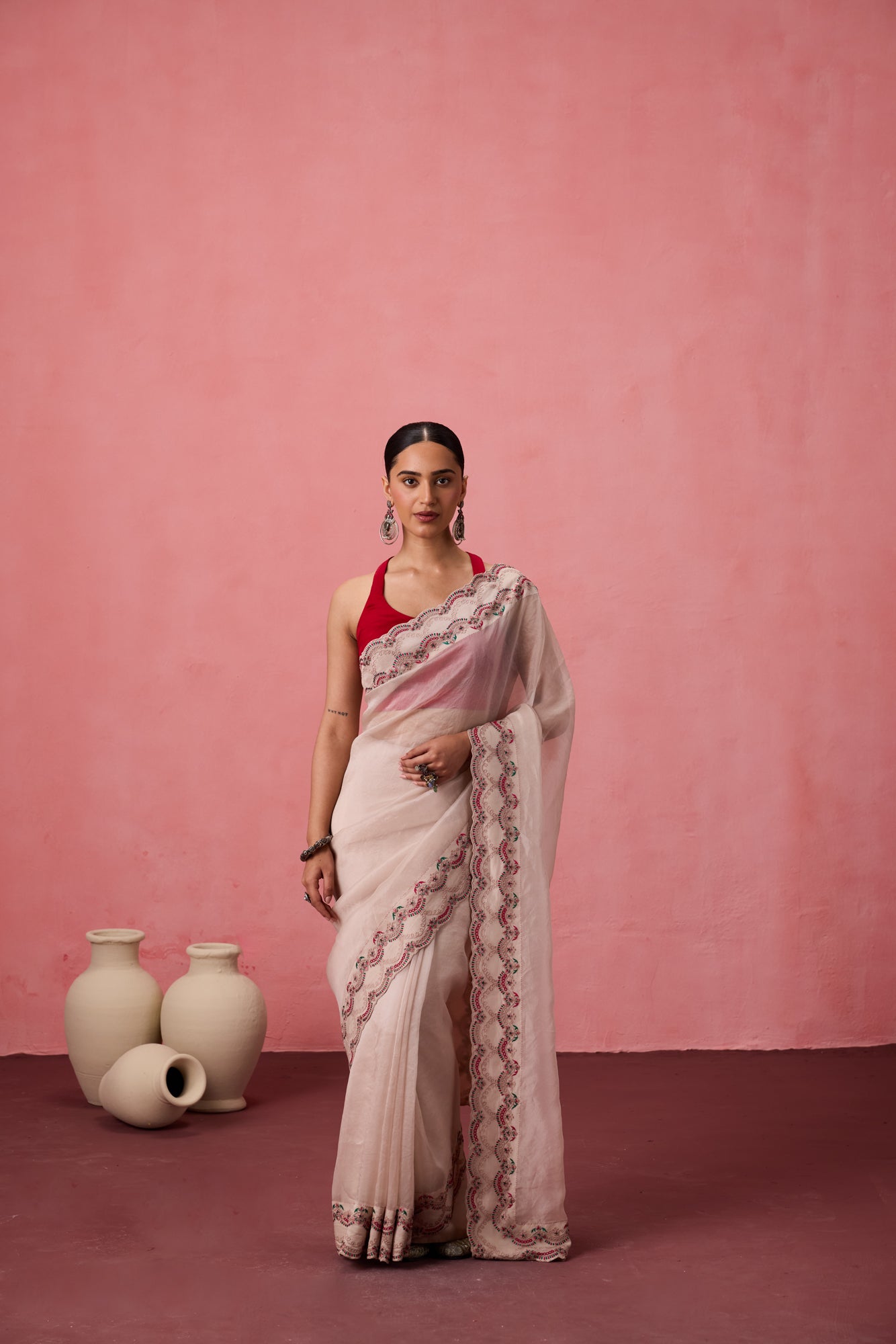 Classic white organza jaal embroidered saree comes with unstitched & unembroidered blouse fabric in chanderi