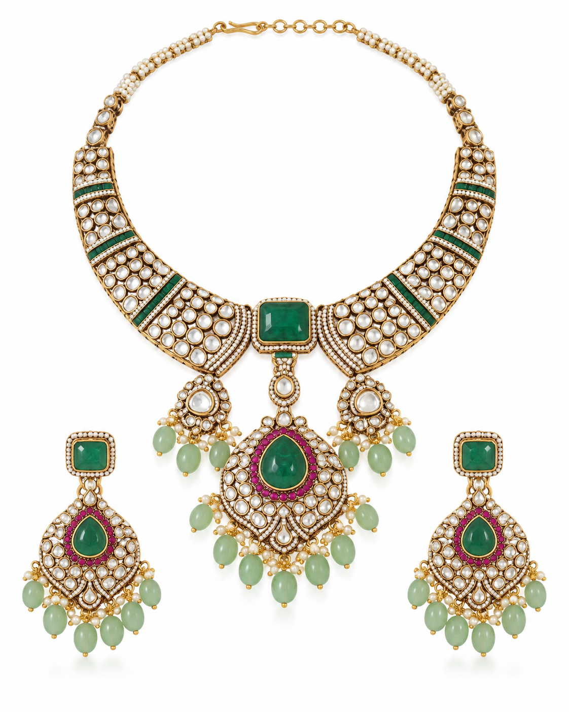 Emerald Polki Statement Necklace Set 03
