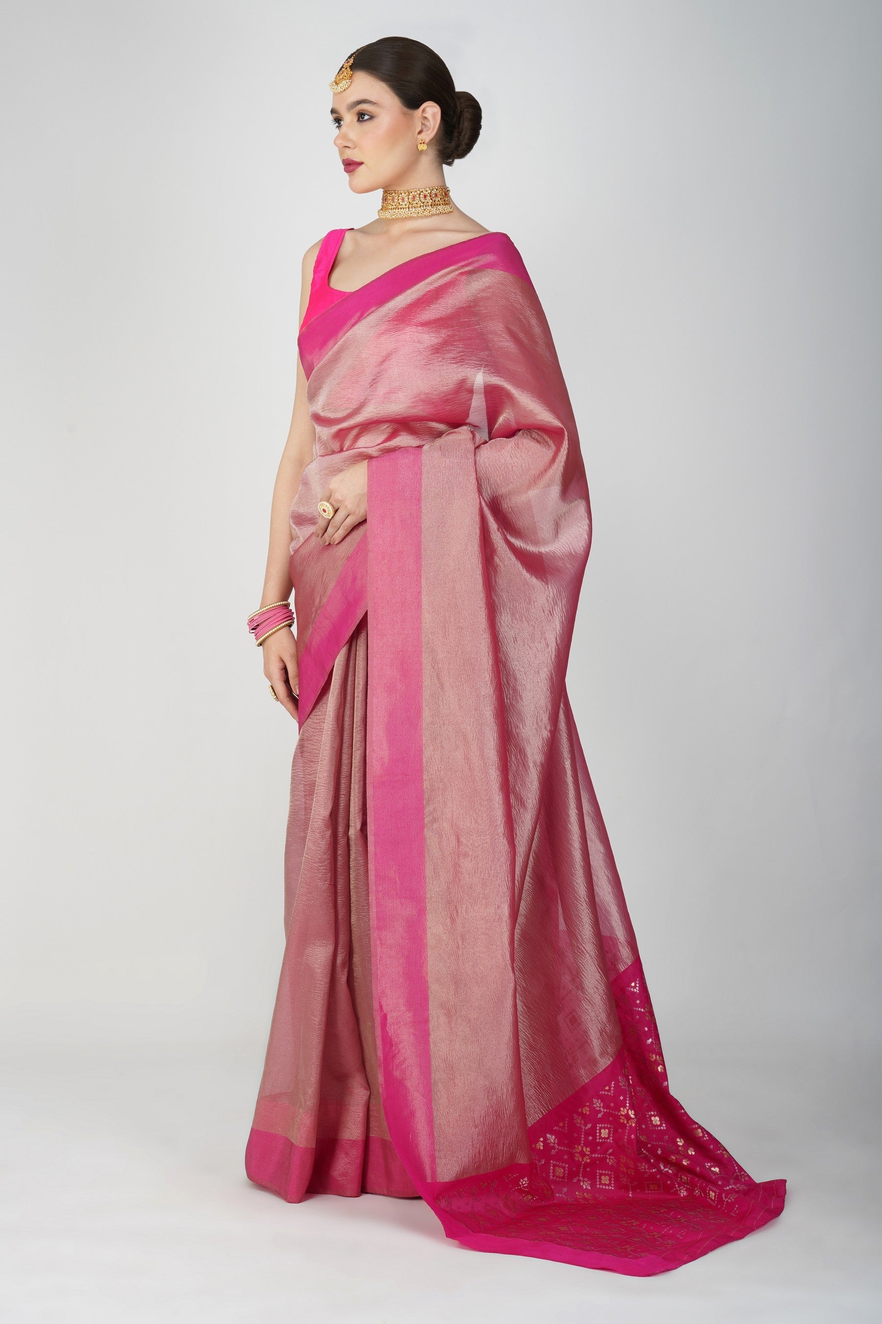 Hot Pink Pure Crushed tissue Silk Banarasi Handloom Saree
