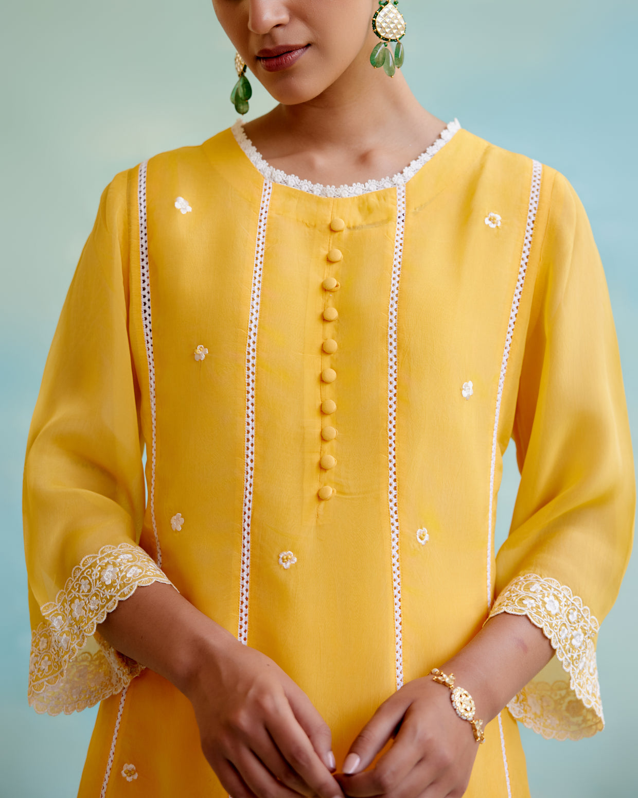 Misty Yellow Organza Anarkali Kurta with Lace Detailing and Floral Embroidery