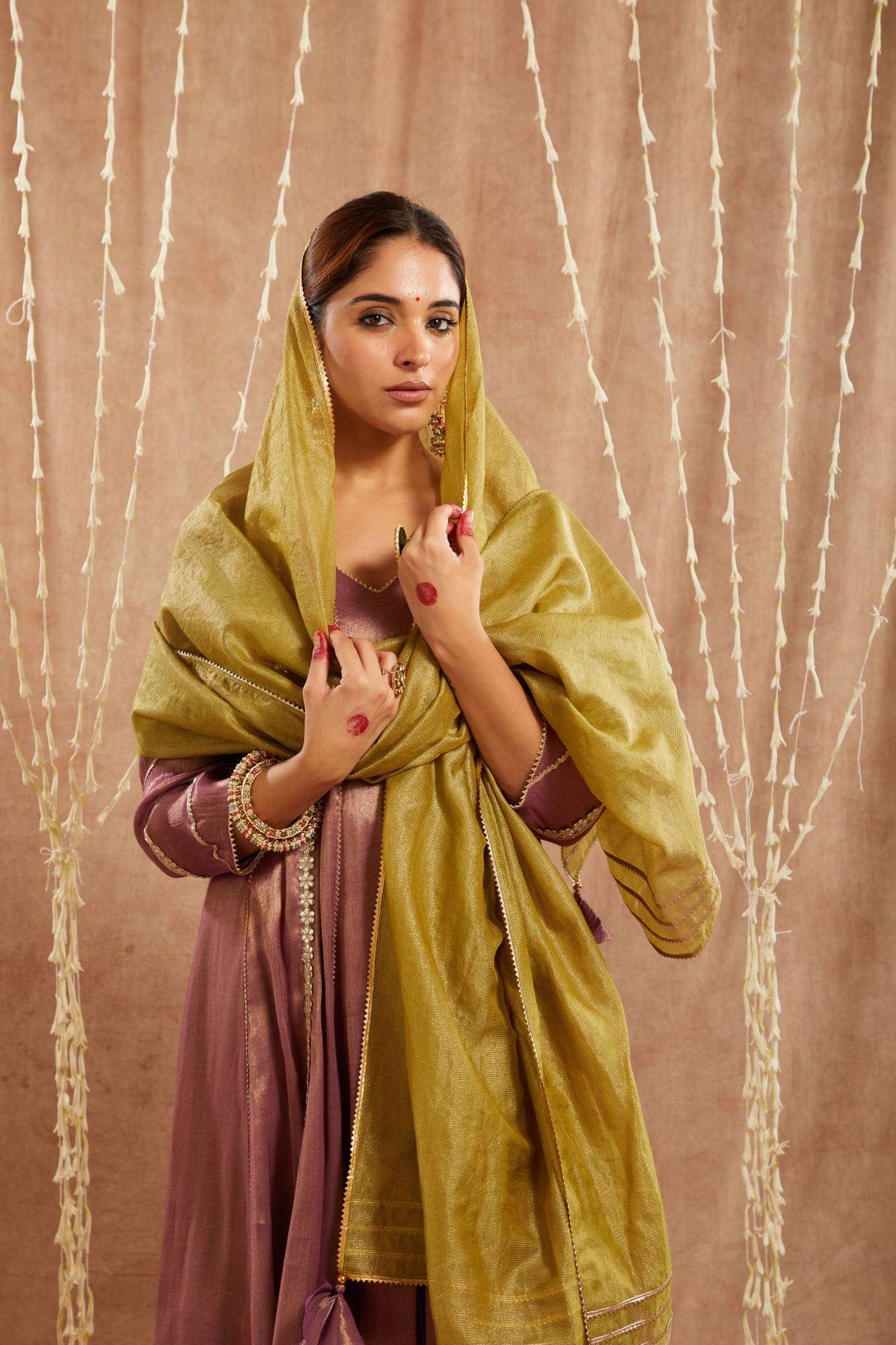 Purple Floral Gota Tissue Anarkali with Wide Leg Pants