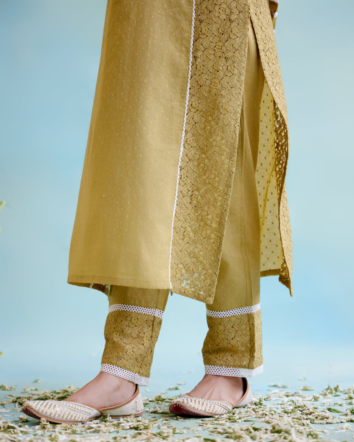 Olive Brown Kurta in Cotton Dobby and Schiffli fabric with Delicate Lace Detaling with Narrow Pants