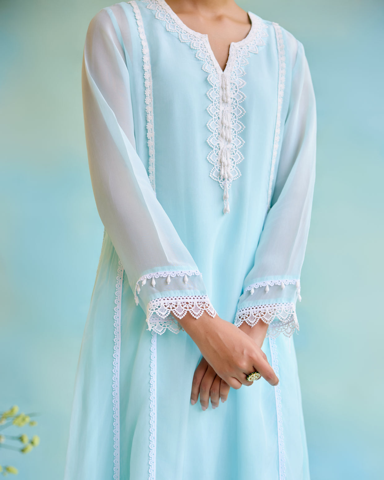 Dreamy Blue Organza Anarkali Kurta with Lace Detailing