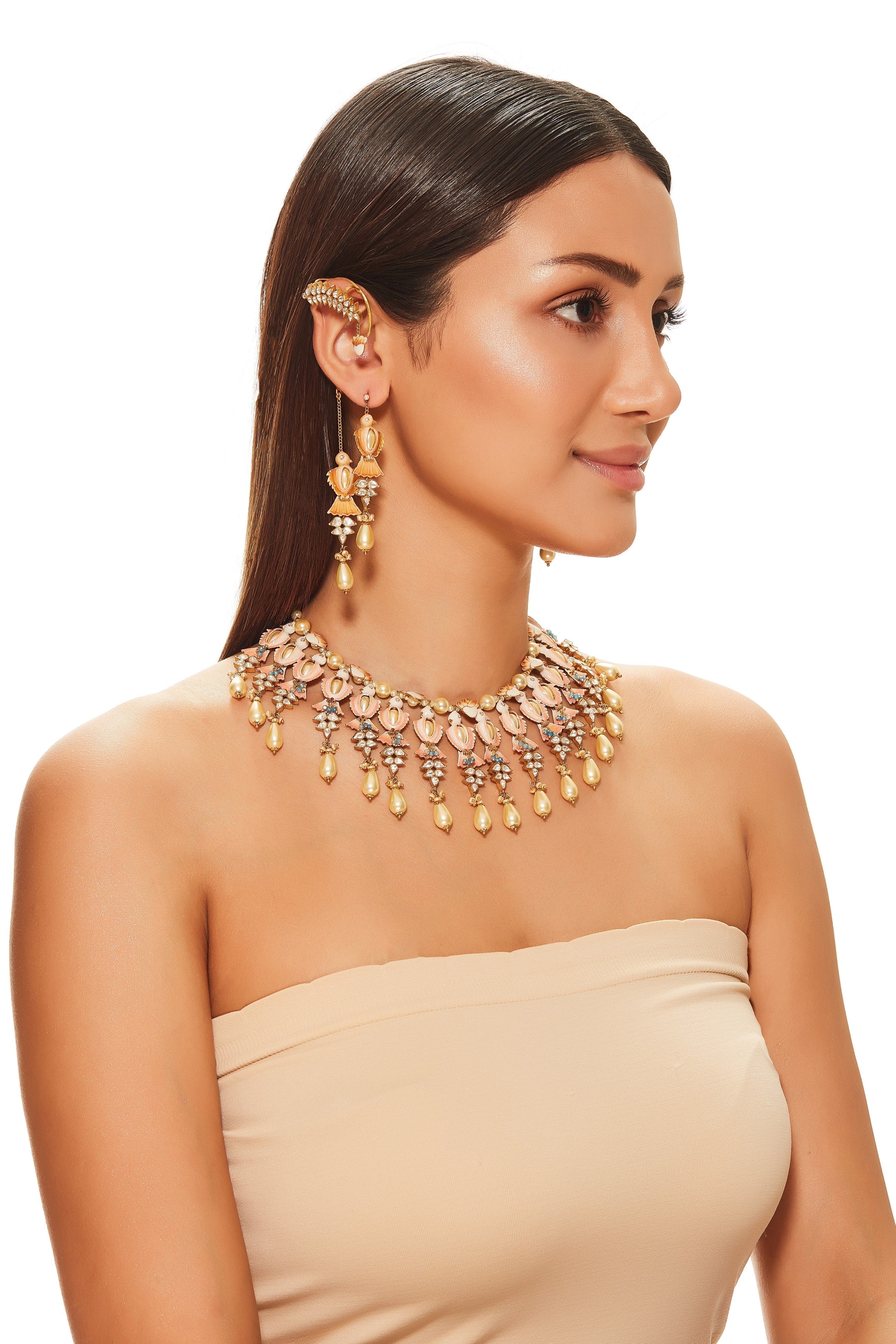 Peach & Pearl Bird Necklace set