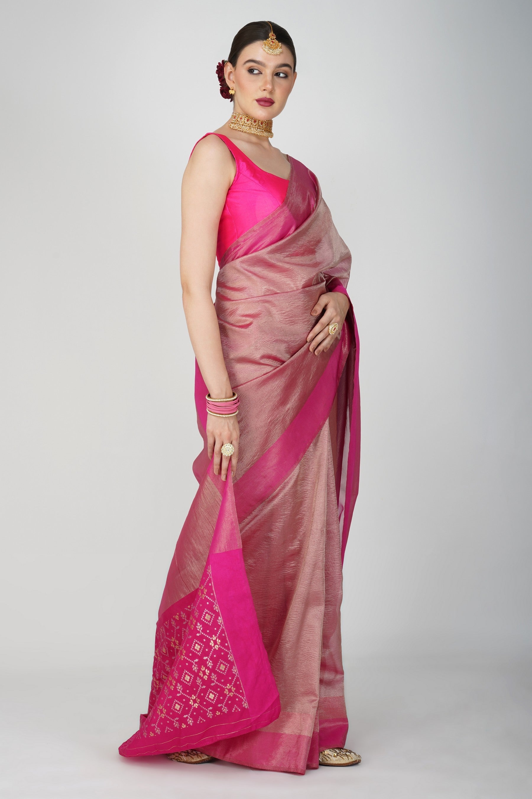 Hot Pink Pure Crushed tissue Silk Banarasi Handloom Saree