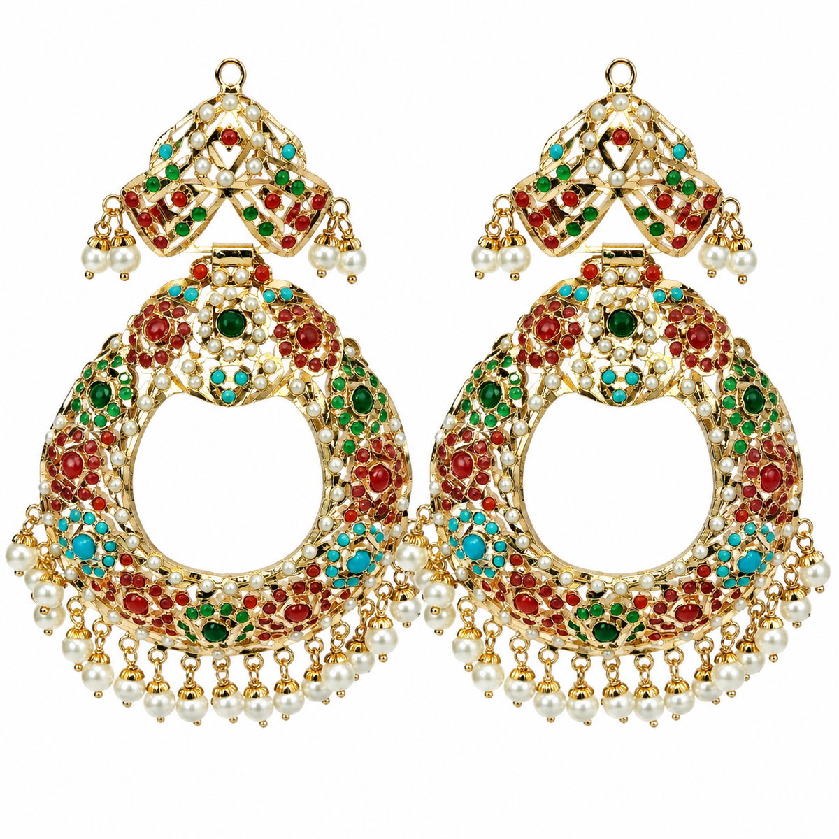 Multicolour Jadau Pearl Chandbali Earrings