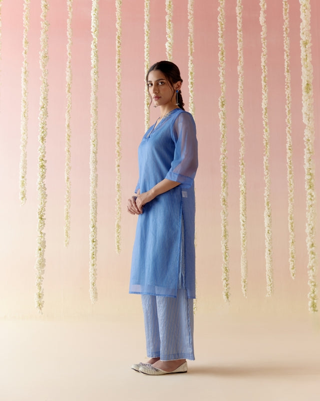 Sapphire Blue Kurta with Tissue Slip & Flared Pants - Set of 3