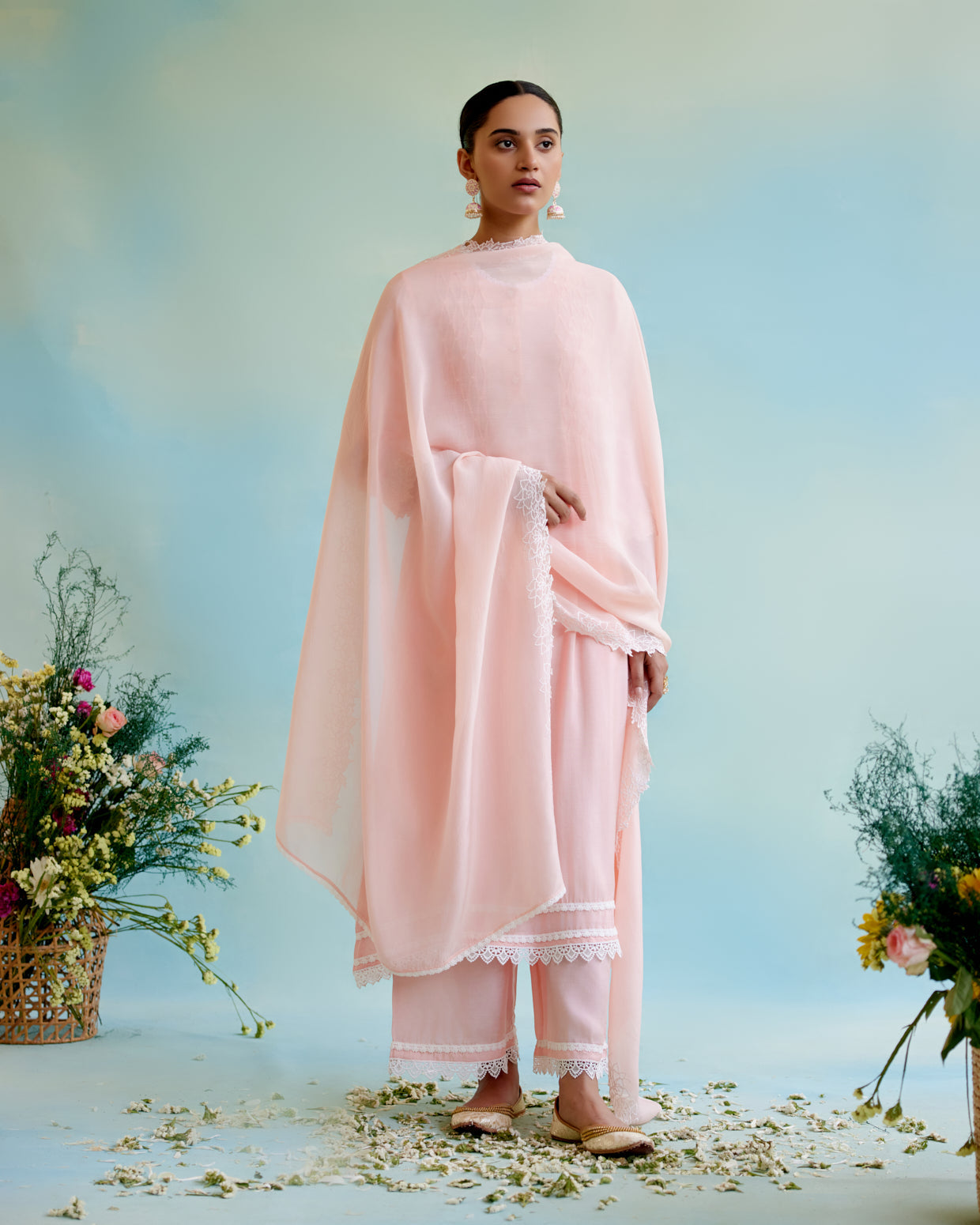 Blossom Pearl Kurta in Silky Modal with Beaded Smocking and Delicate Lace Detaling