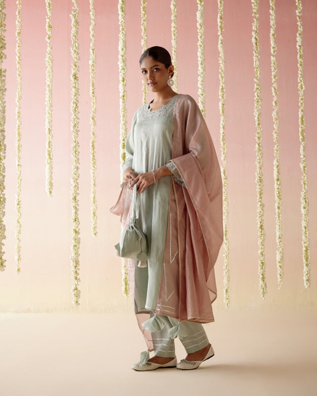 Mint Daisy Tissue Kurta with
Narrow Pants & Dupatta - Set of 3
