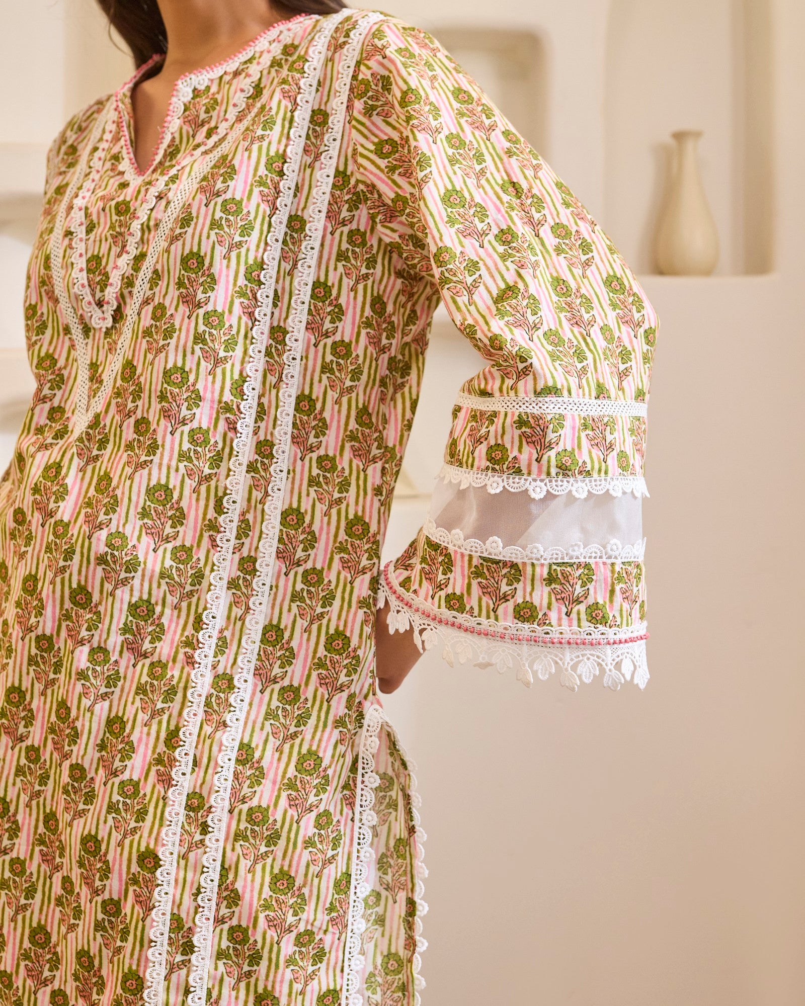 Green Charm Embroidered Cotton Kurta with Tulip Pants