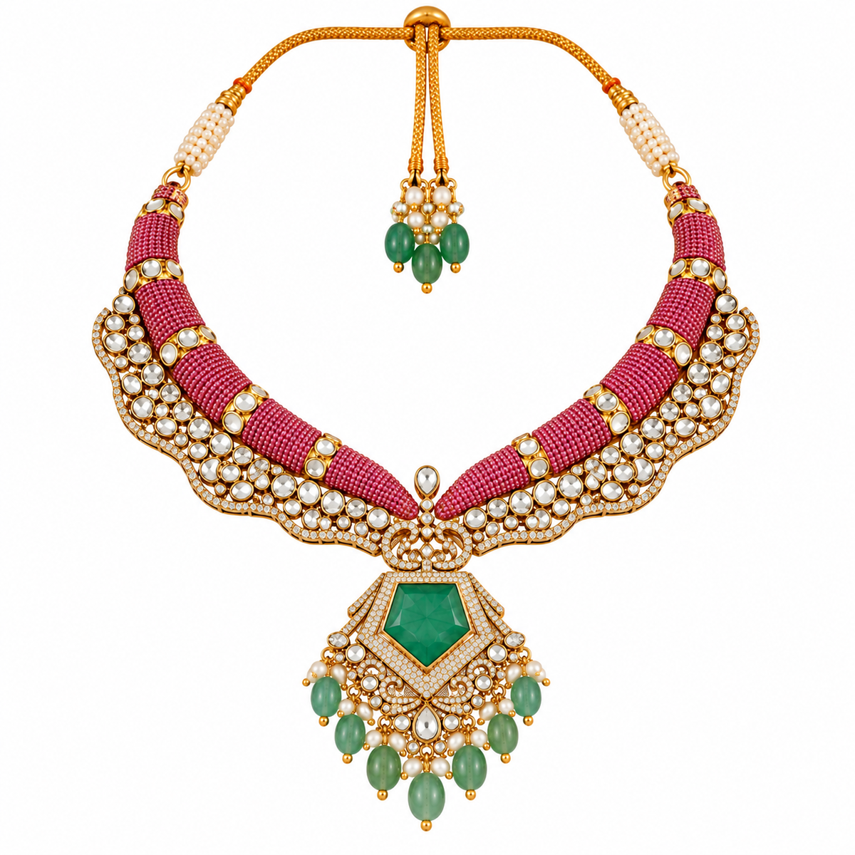 Emerald Pearl Statement Necklace Set 06