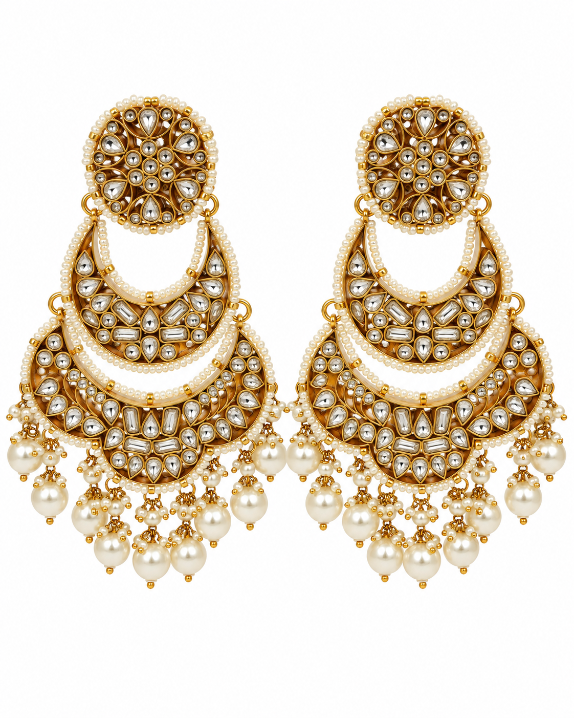 Pearl Kundan Layered Chandbali Earrings 58