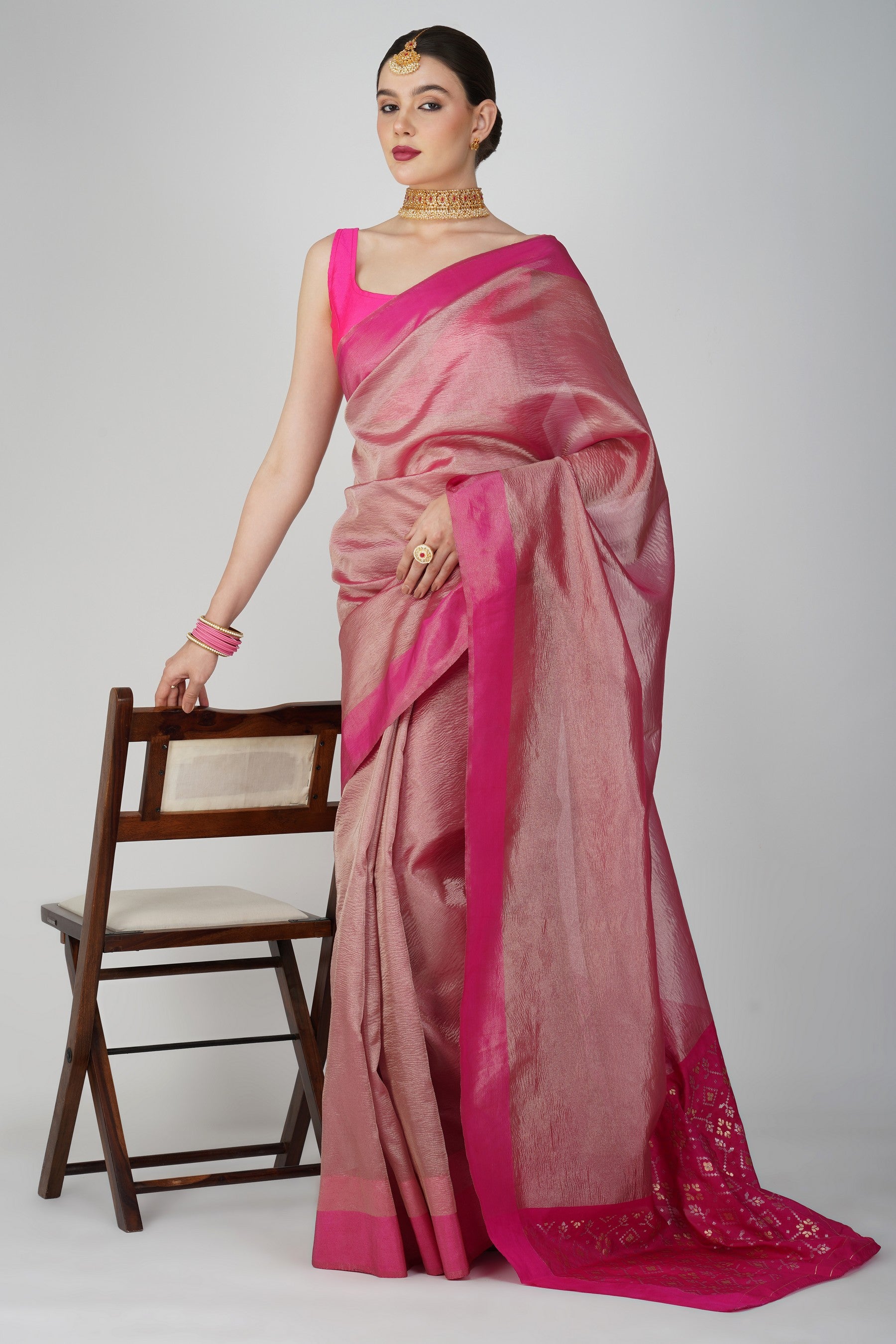 Hot Pink Pure Crushed tissue Silk Banarasi Handloom Saree