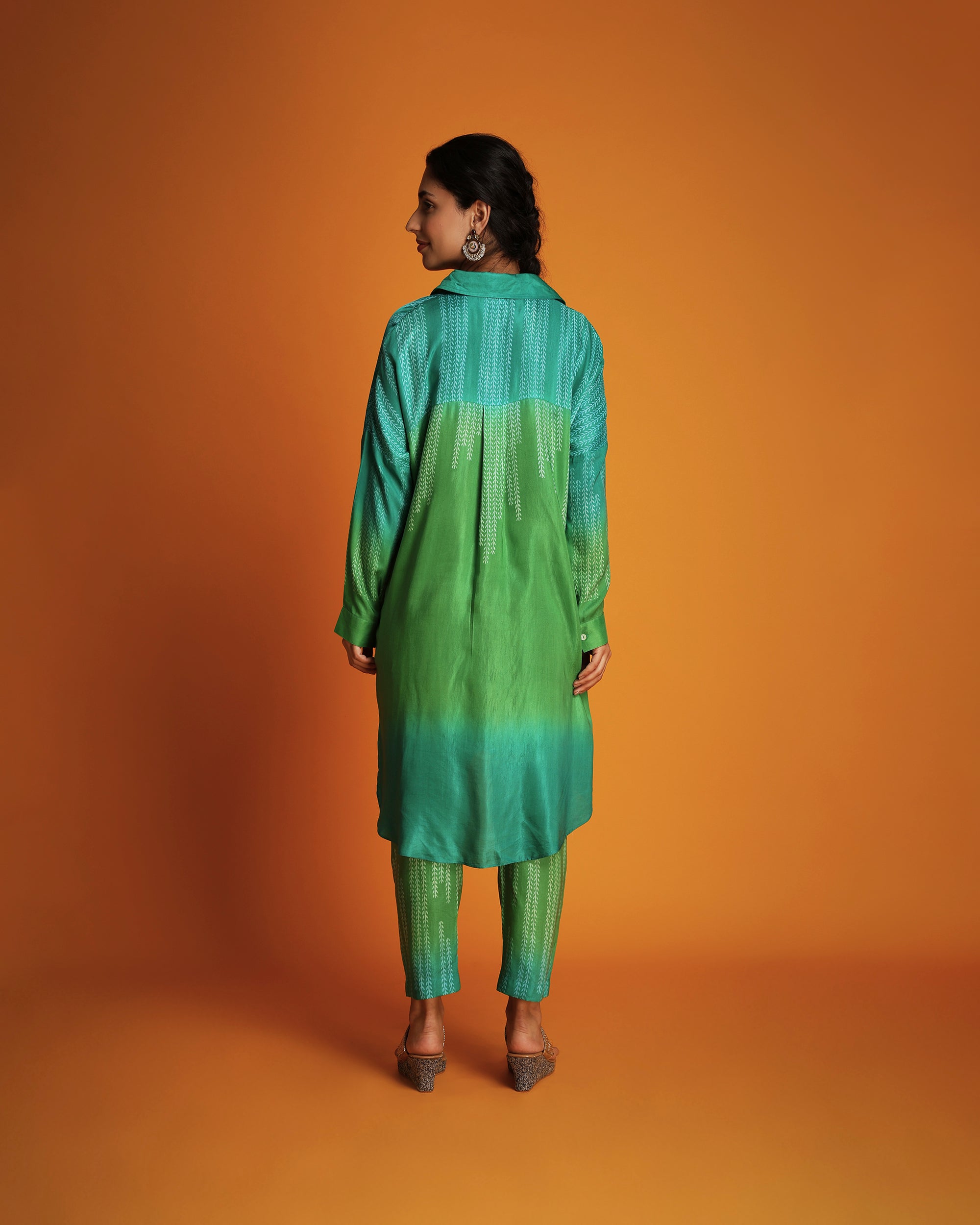Green ombre block printed shirt tunic set