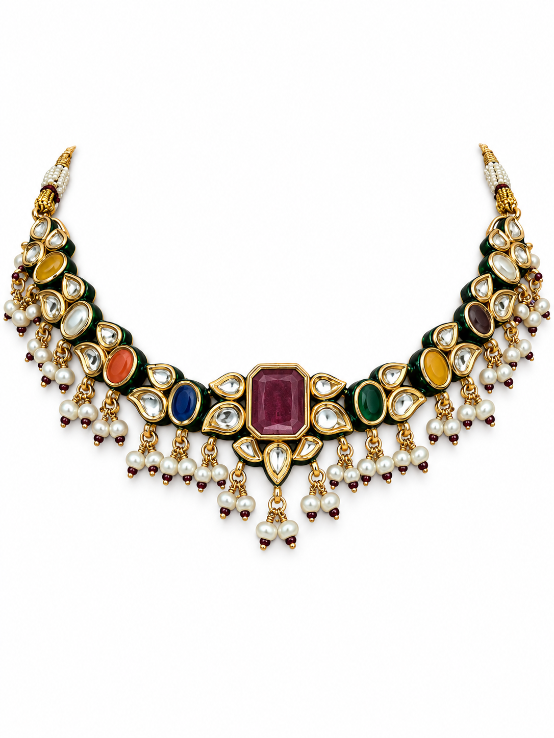 34 Navratna Kundan Pearl Necklace Set