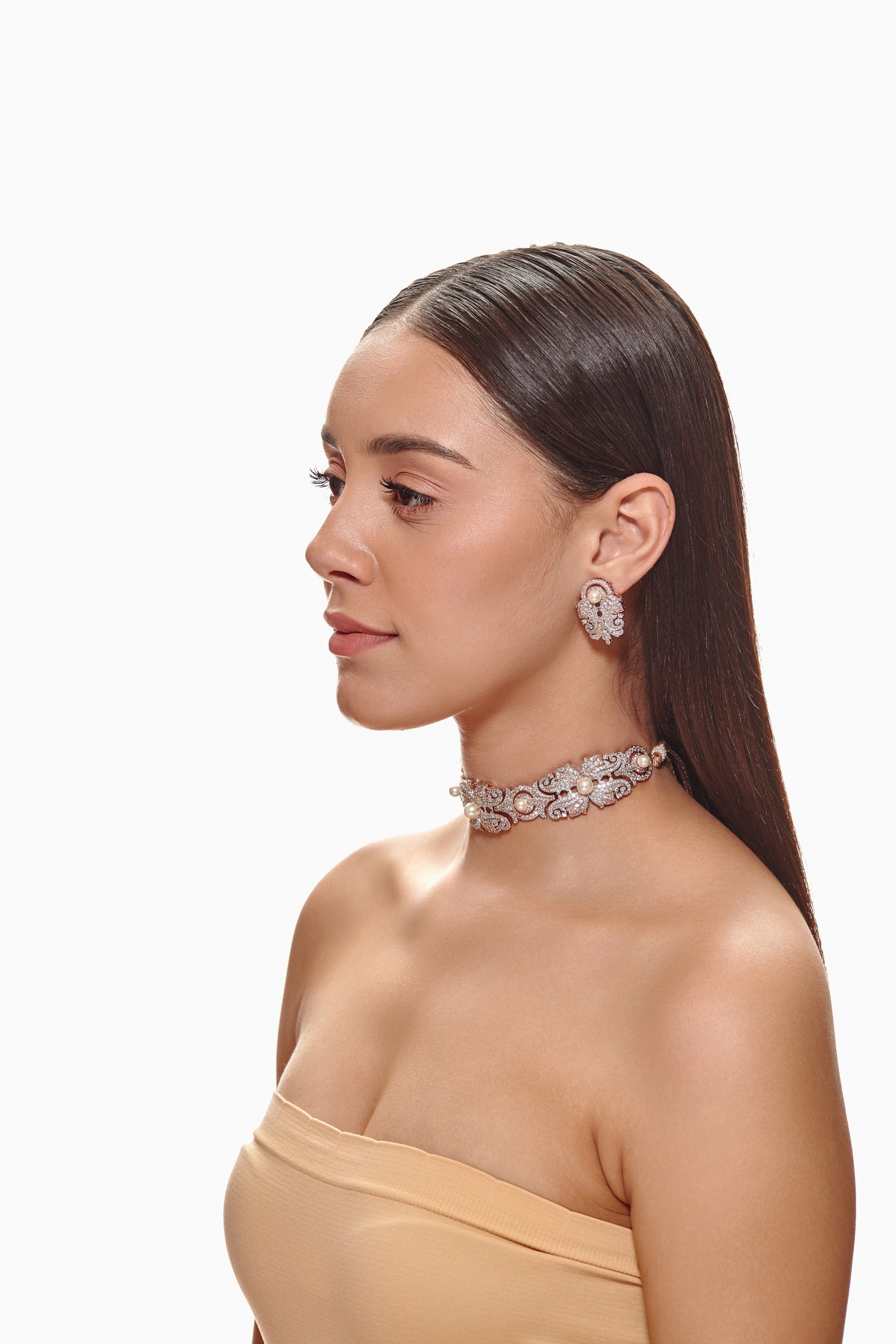 Rosegold and white Floral Diamond Choker Set