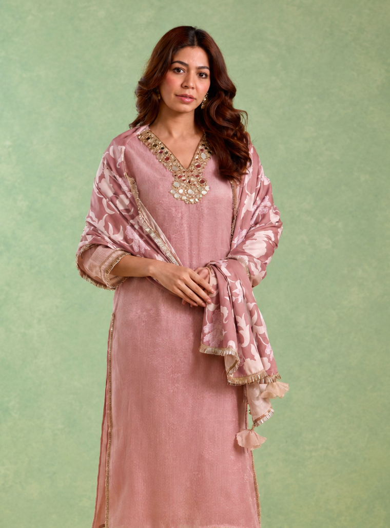 Rose Mirror Embroidered Chanderi Stripe Kurta Set - Set of 2