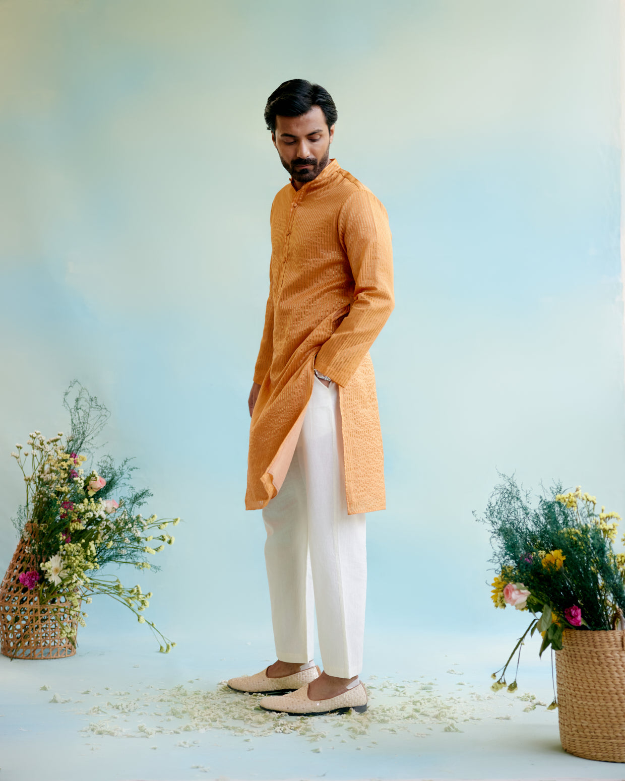 Marigold Petal Crushed Stripe Tissue Kurta