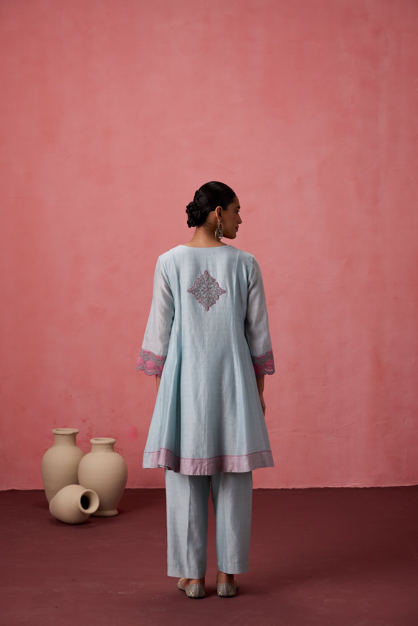 Sky blue chanderi dori work floral and french knot embroidered kurta paired with pant & organza dupatta