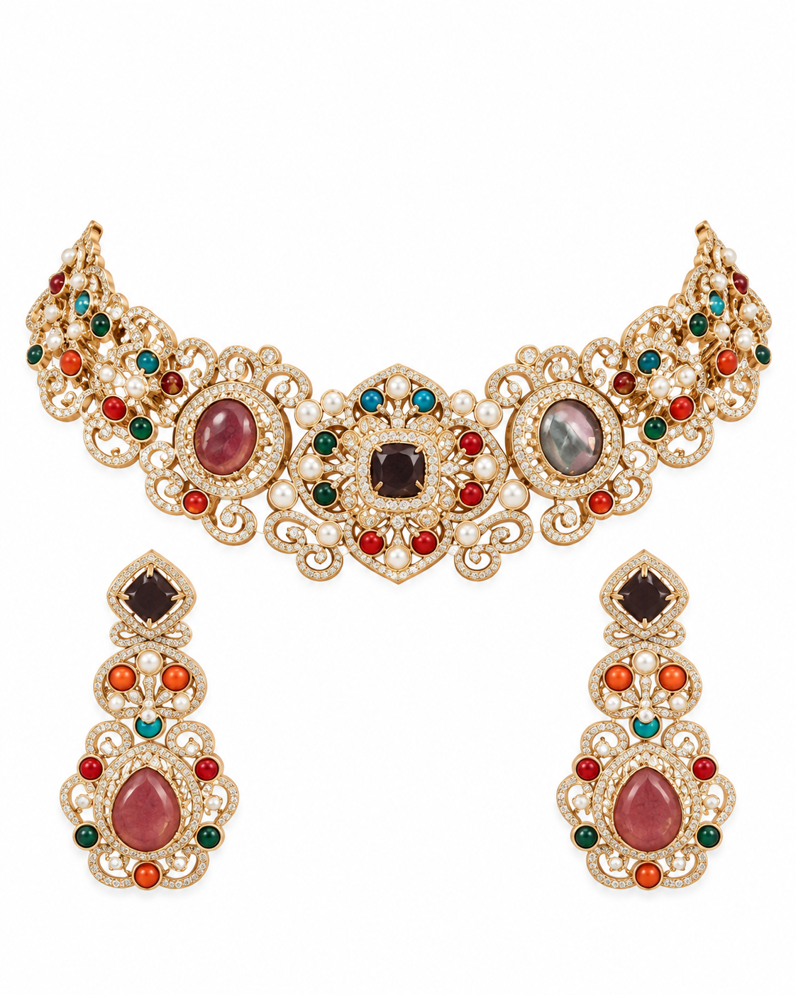 Multicolor Semi-Precious Stone Choker Necklace Set with Earrings 15