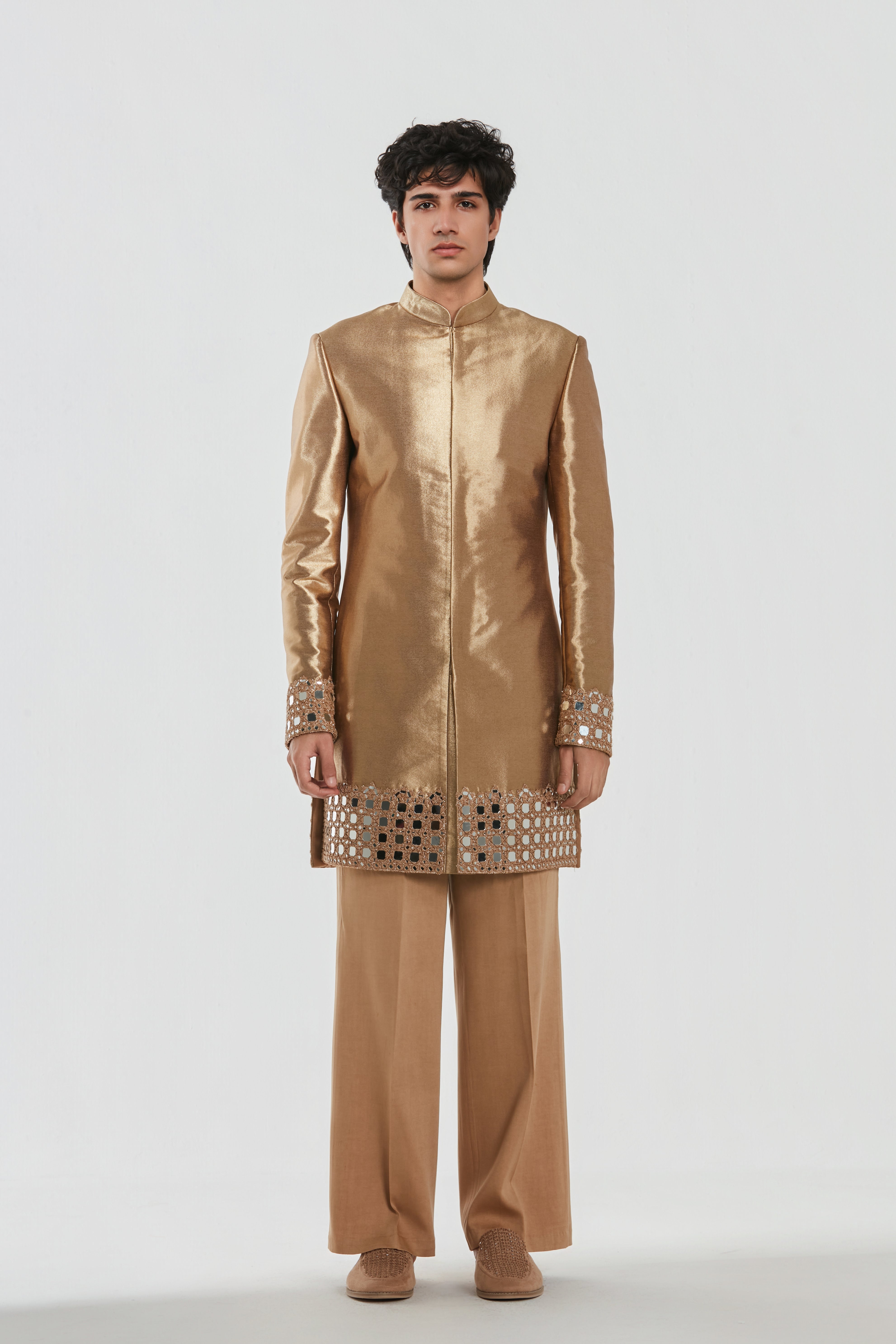 Kurta and stole - heavy chanderi ,sherwani - shimmer , pant -Cotton twill