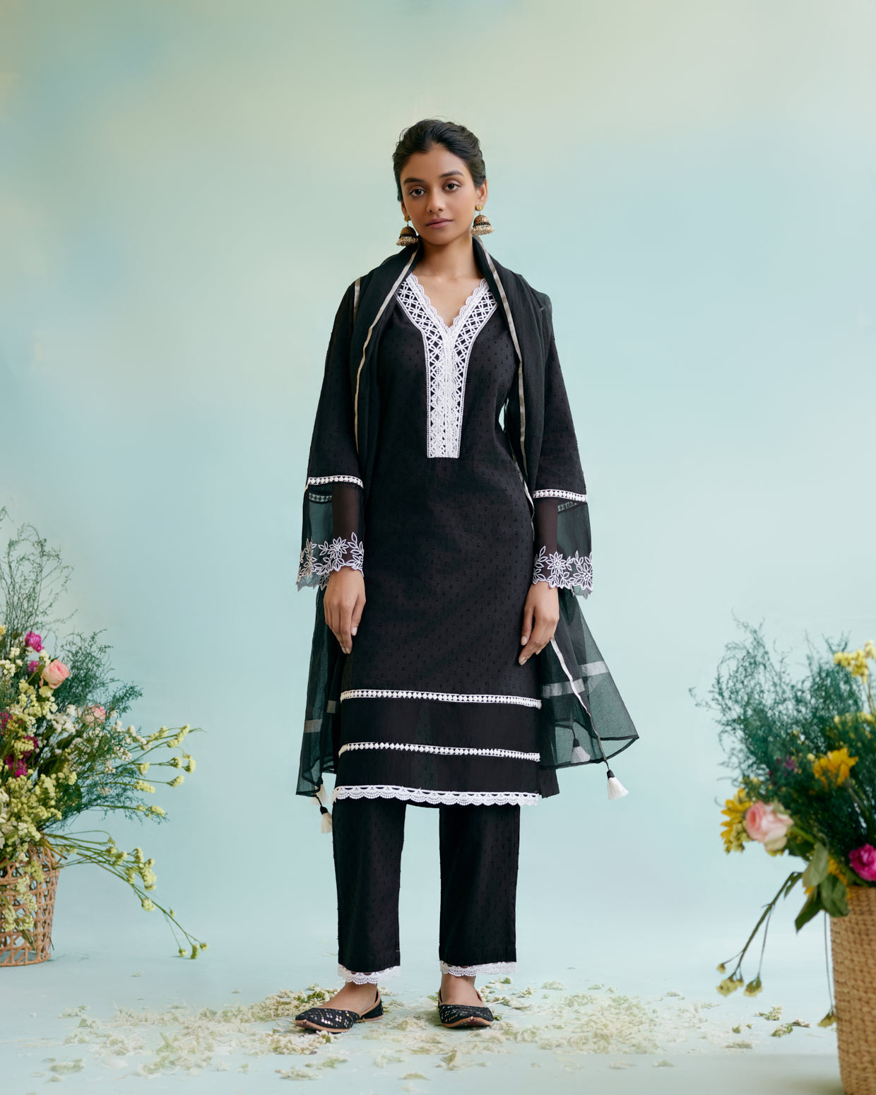 Black Lily Kurta in Cotton Dobby Fabric with Lace detailing and Embroidered Sleeves