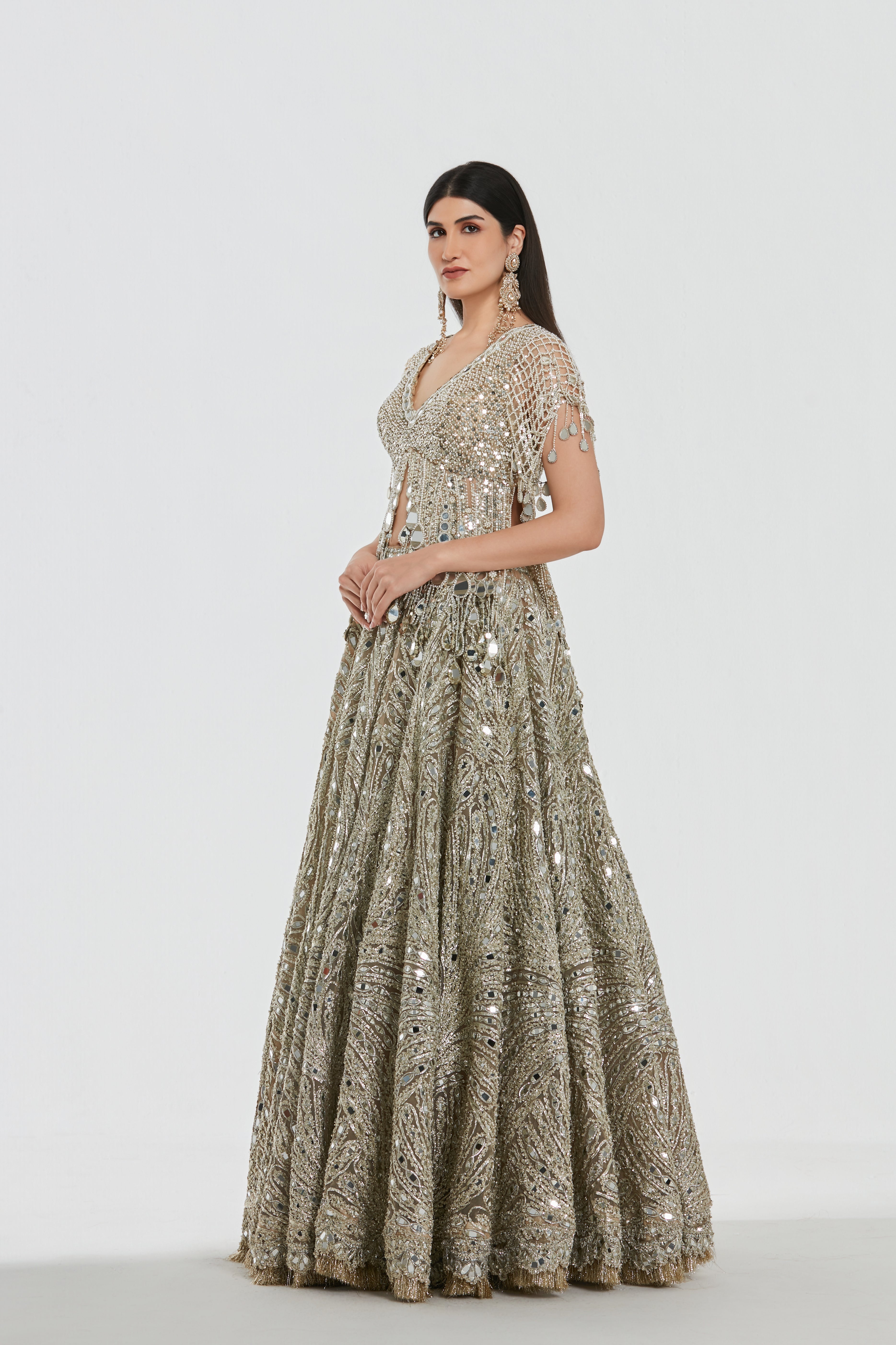 Mirror work , zari gota , pearl beads