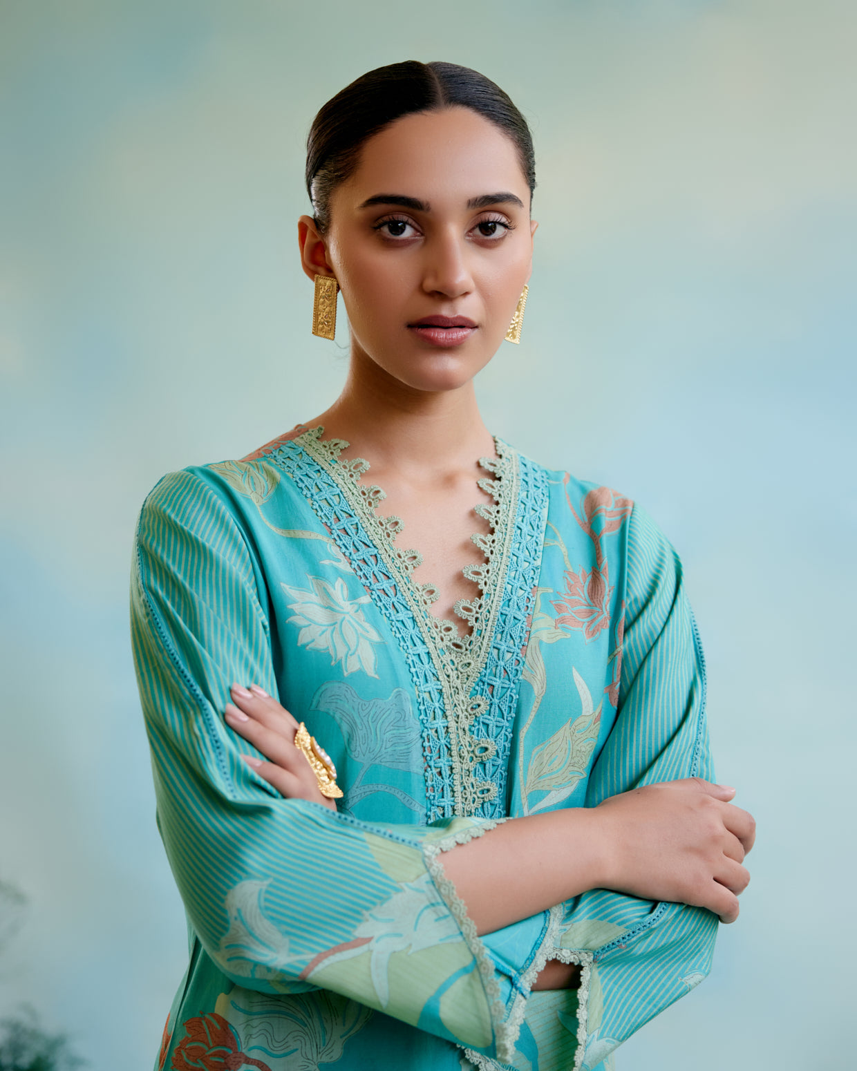 Peacock Blue Printer Kurta with delicate lace detailing with Tulip Pants and Dupatta