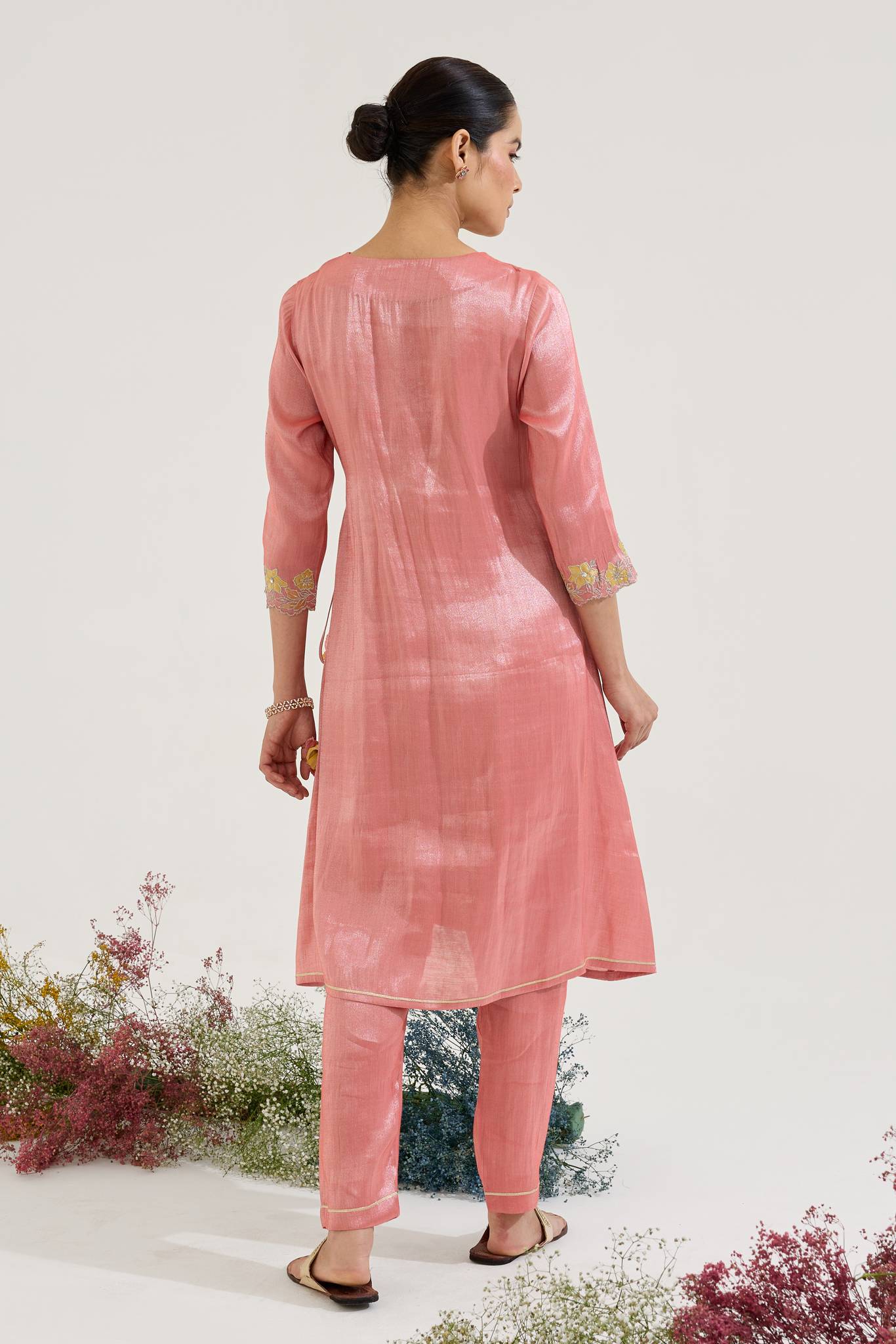 Carrot Floral Zari Tissue Angrakha with Narrow Pants - Set of 2
