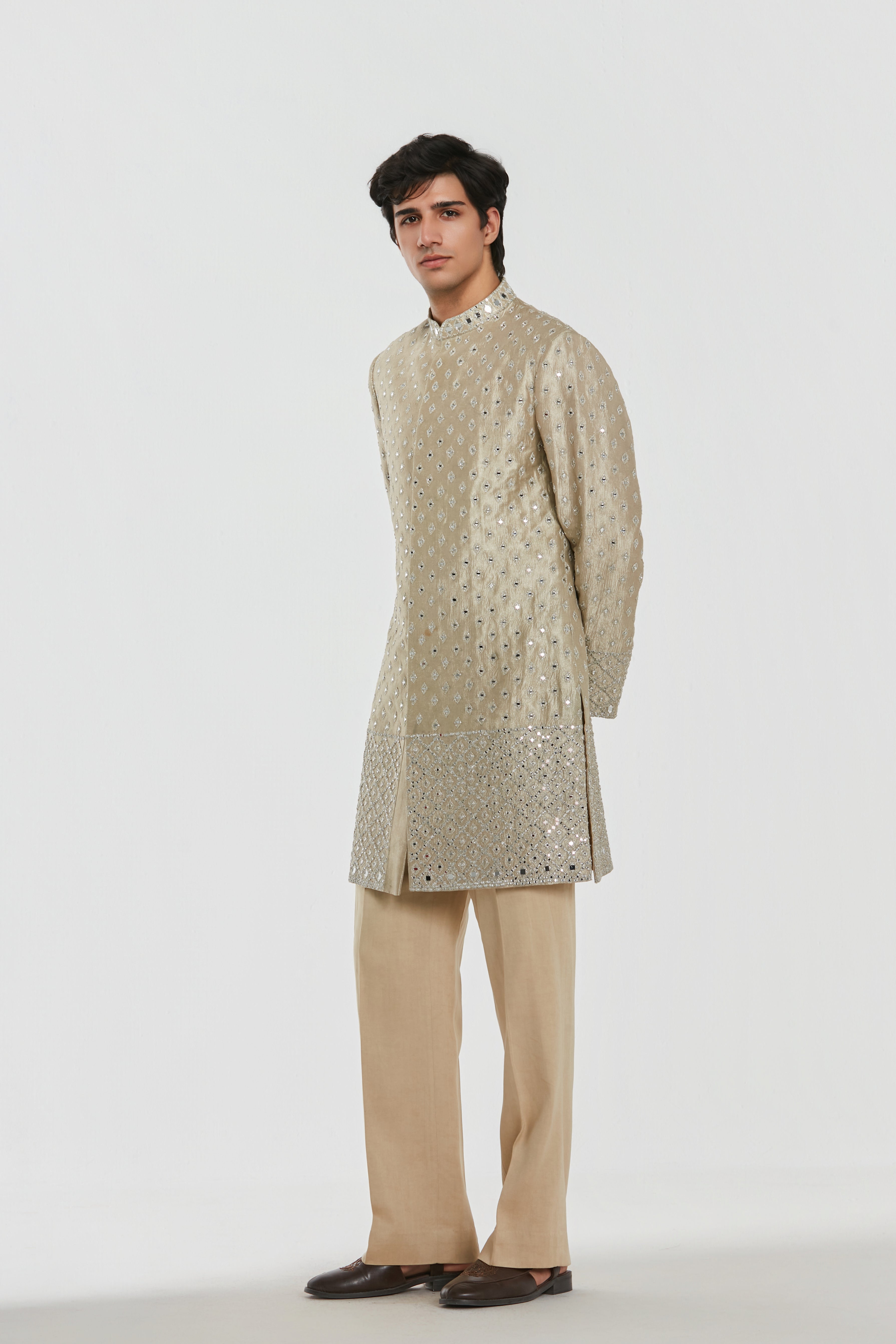 Sherwani - Tissue , Stole and kurta - Heavy chanderi , Pant - cotton twill