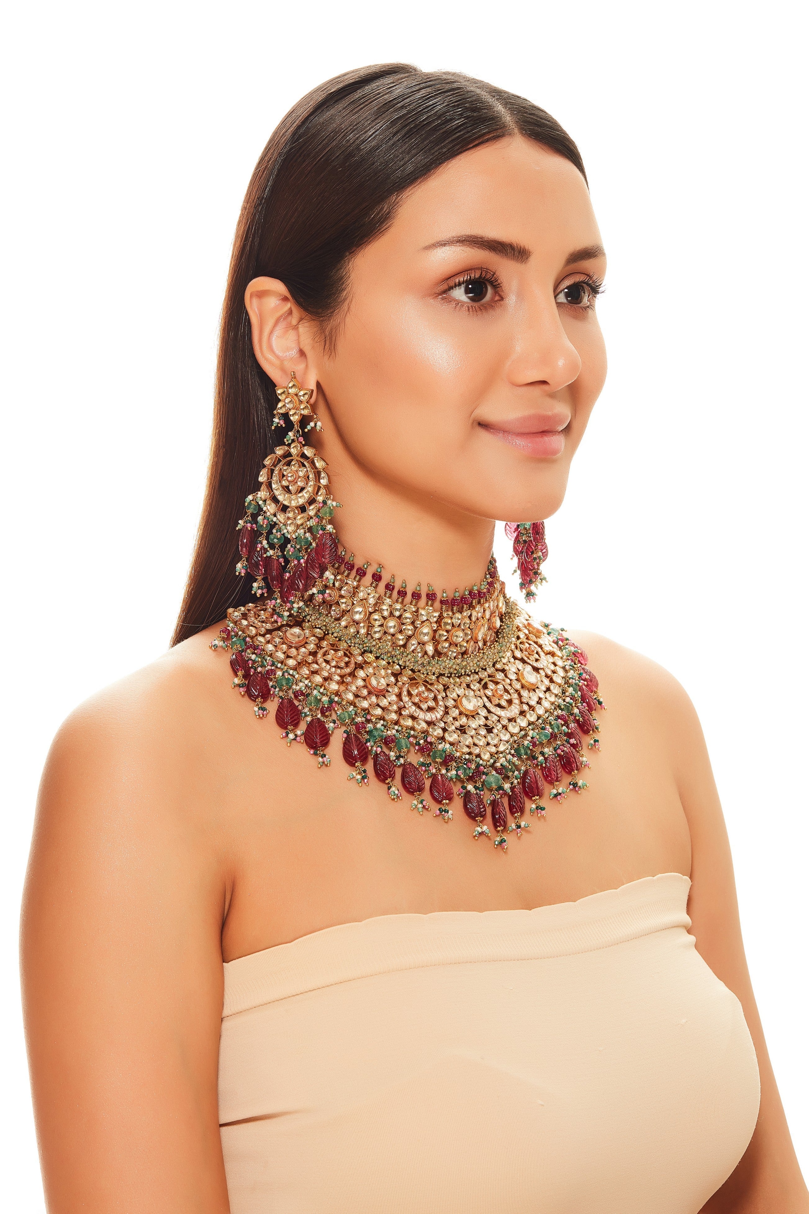 Maroon Carved Stone Necklace Set