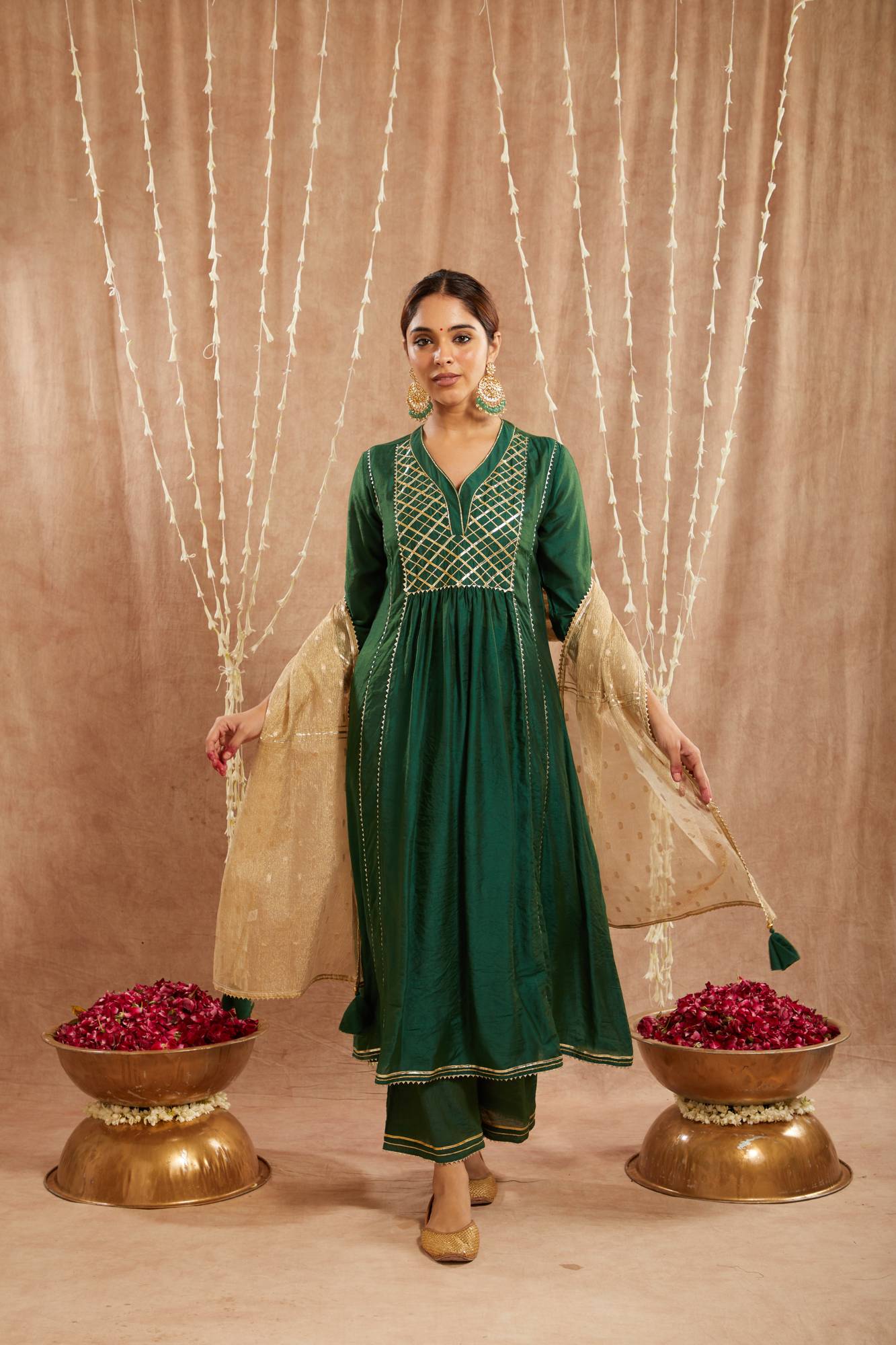 Emerald Green Gota Chanderi Kurta with
Wide Leg Pants