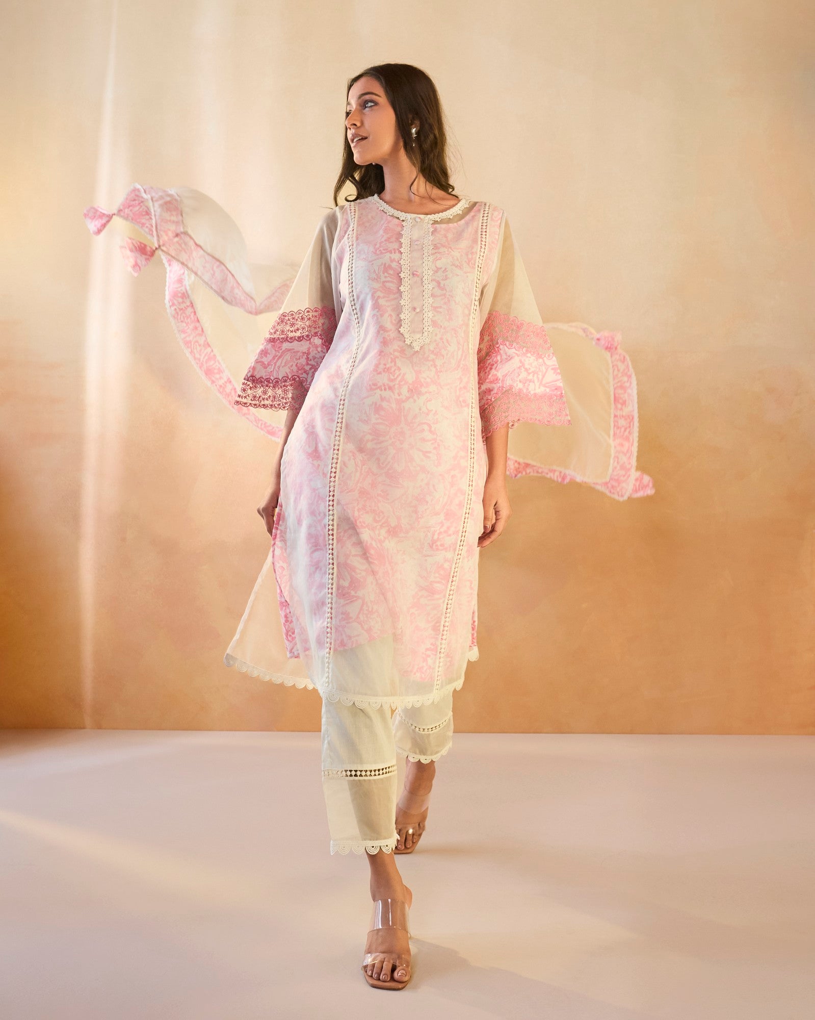 Blush Floral Embroidered Organza Slip Kurta with Narrow Pants