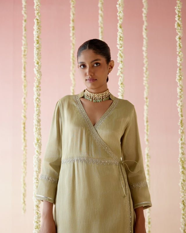 Moss Green Tissue Angarakha with Narrow Pants & Dupatta set - Set of 3