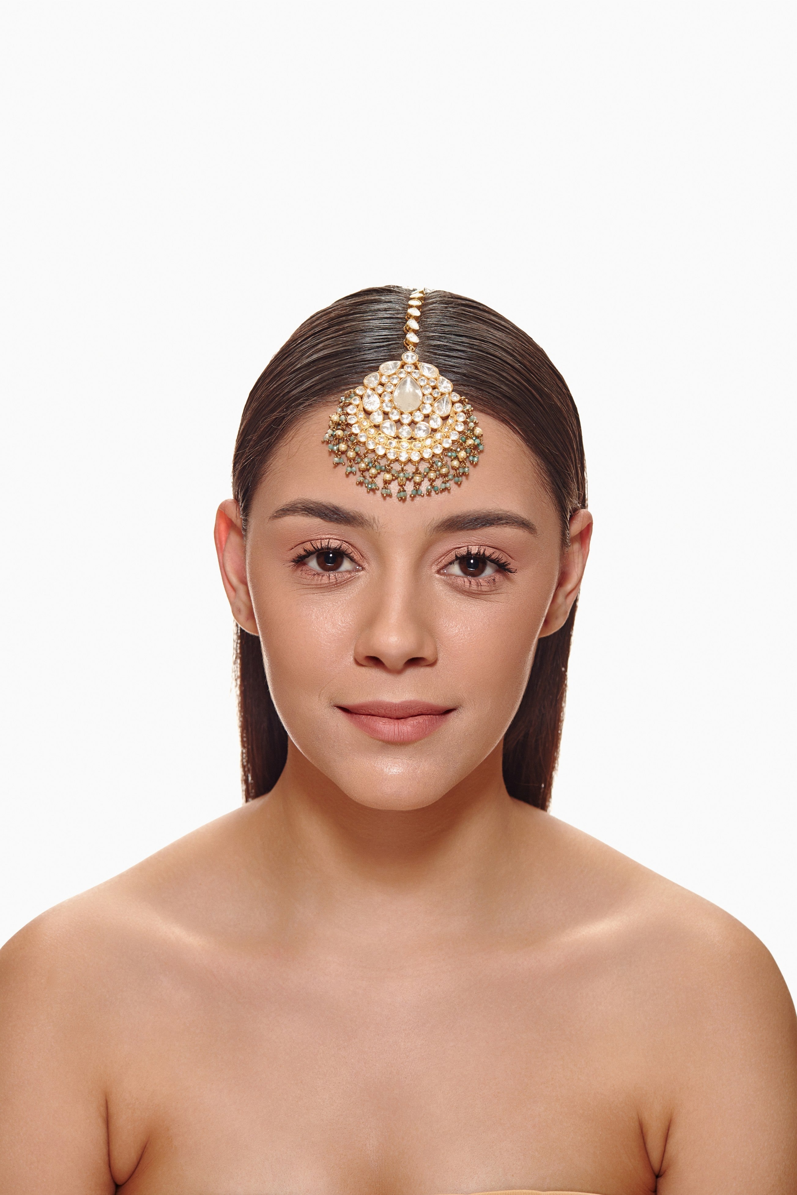 92.5 silver Mint Green and pearl Polki Tikka