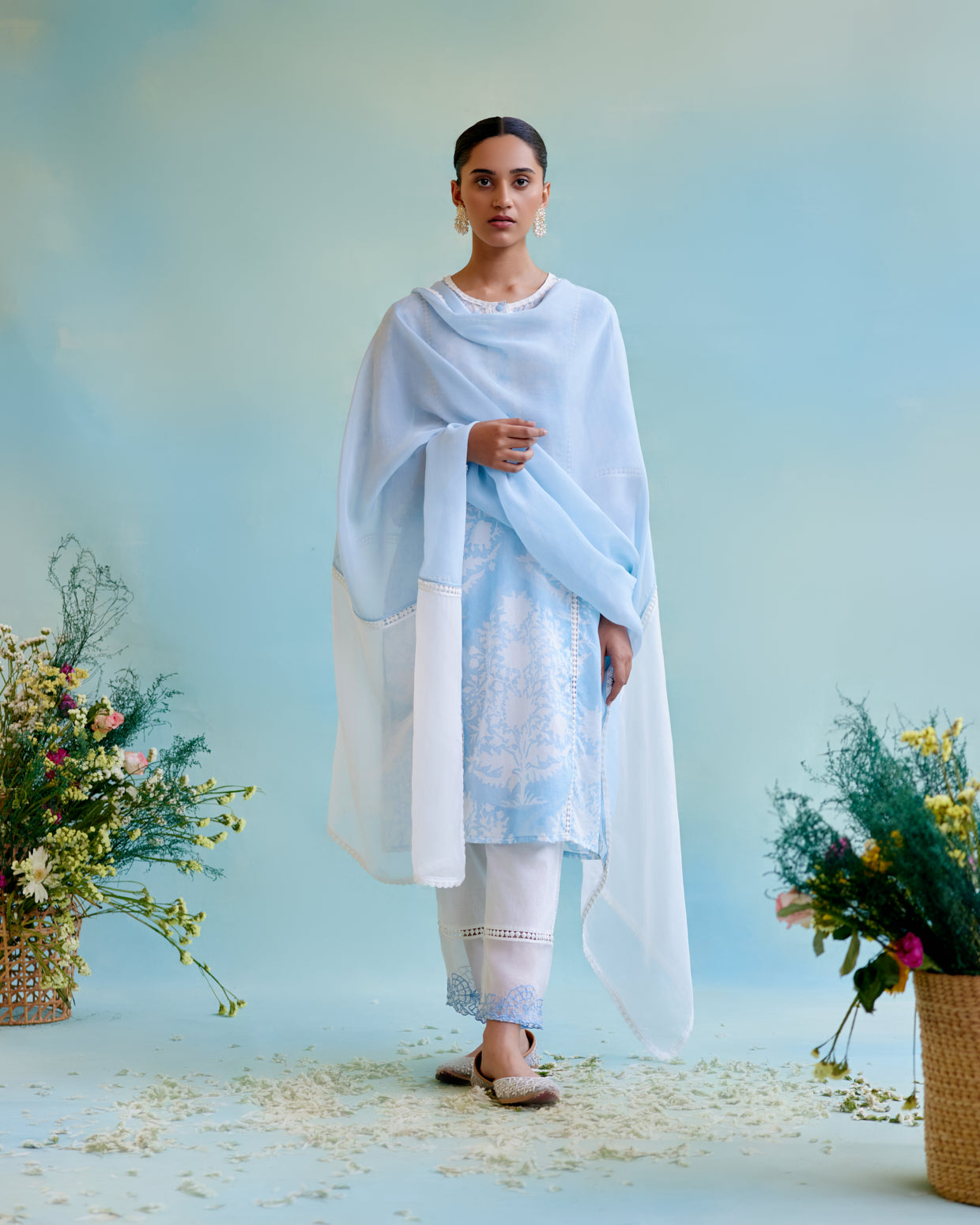 Blue Lily Hand Block Kurta with Lace Detailing and Embroidered Sleeves
