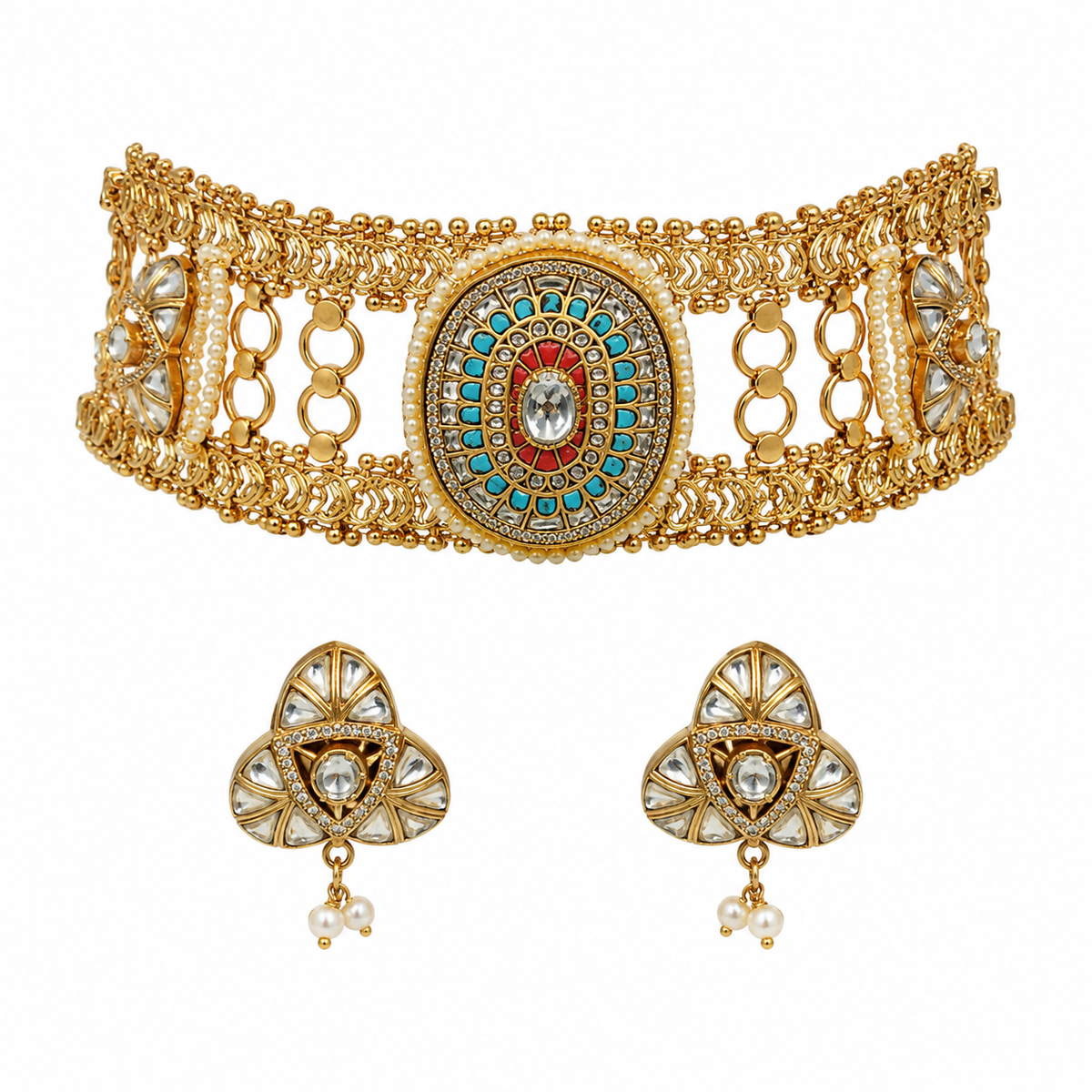 Multicoloured Handcrafted Jadau Kundan Choker Set with Pearl Accents