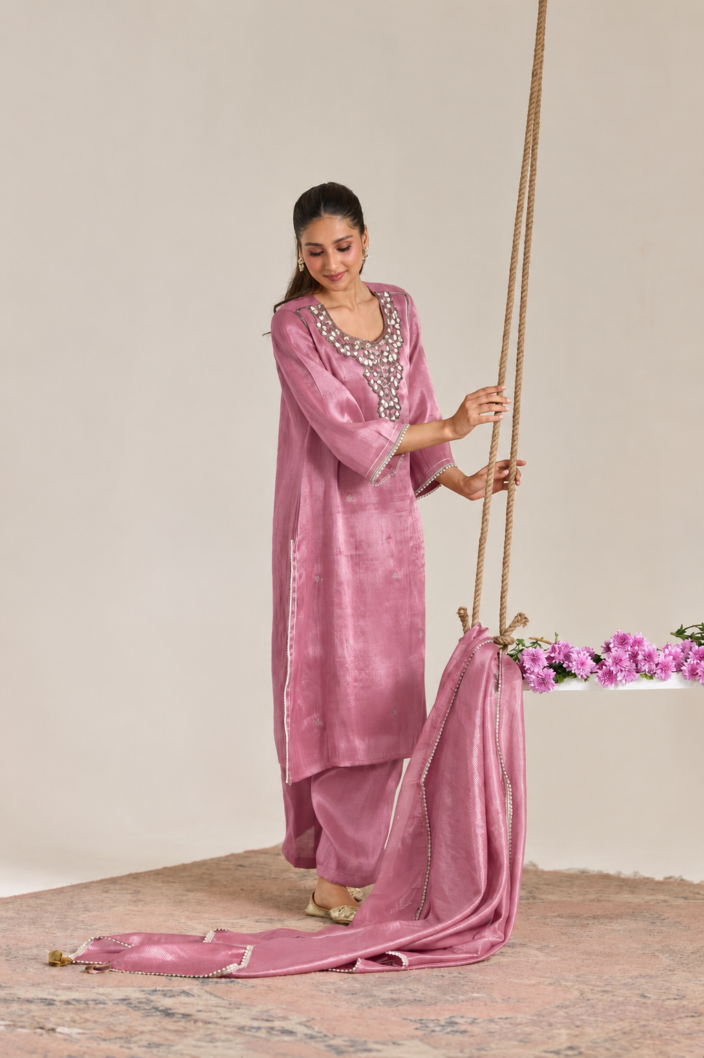 Pink Pearl Zari Embroidered Tissue Kurta Set - Set of 2