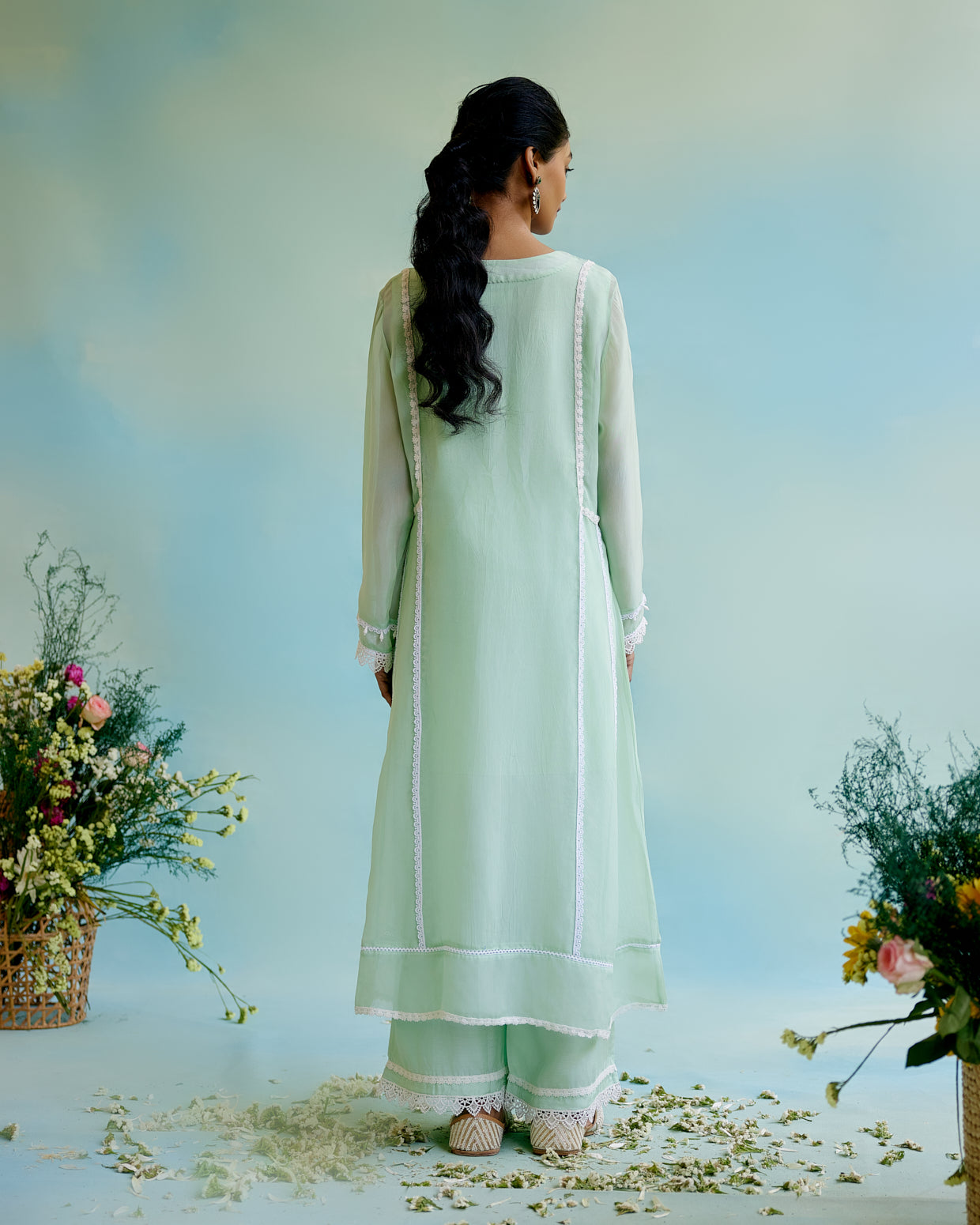 Mint Frost Organza Anarkali Kurta with Lace Detailing